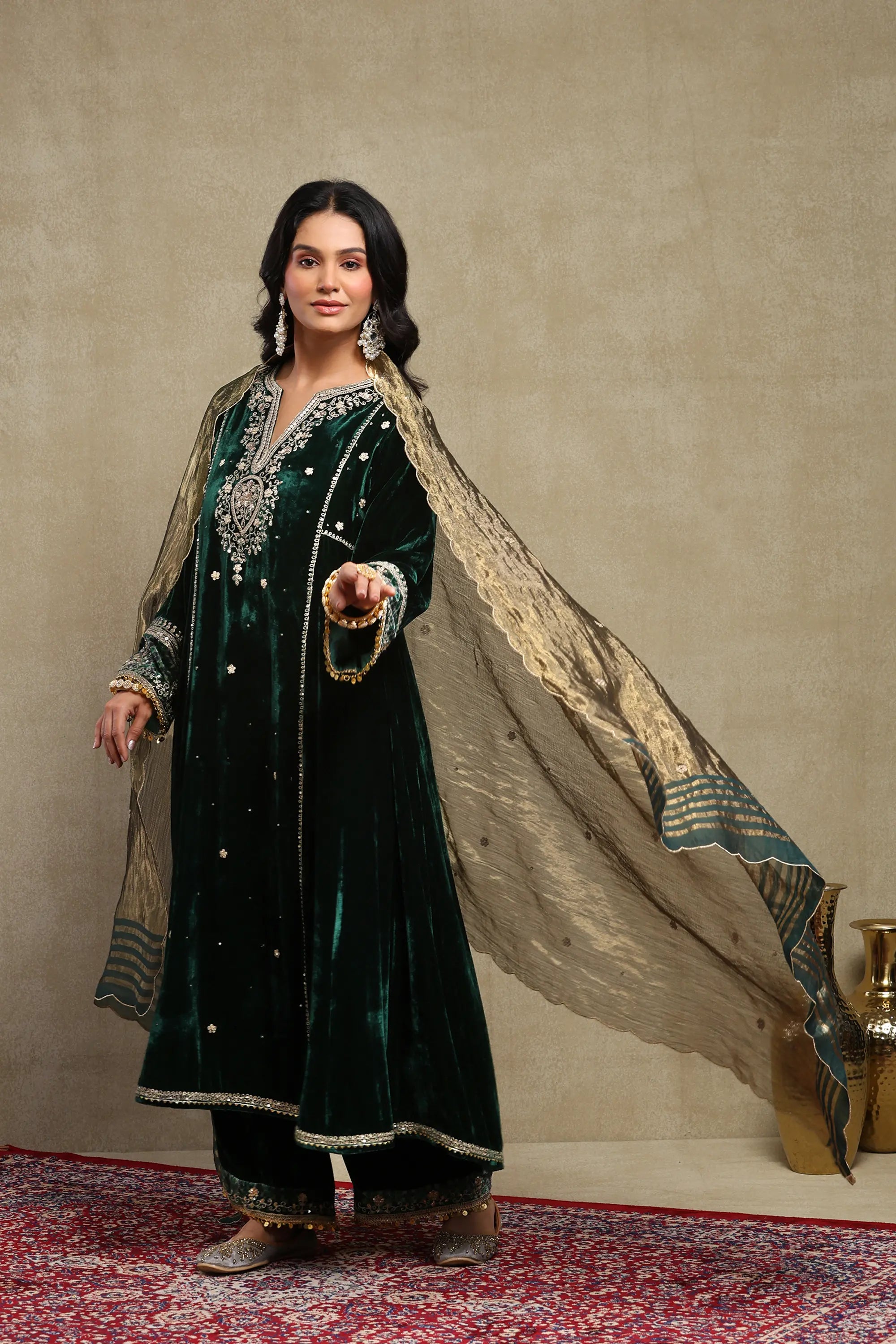 Sahira Forest Green Embroidered Silk Velvet A-Line Kurta Set