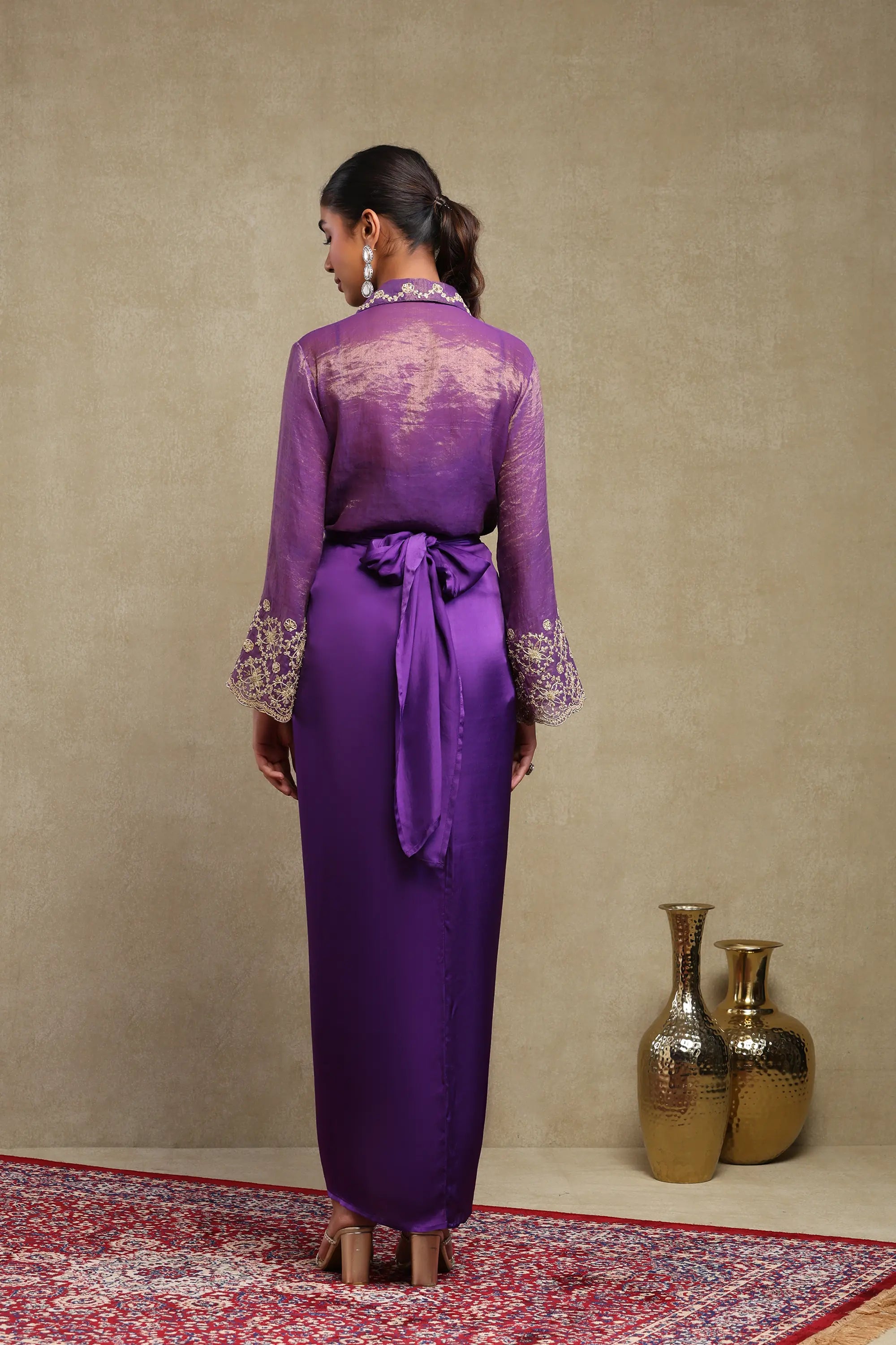 Elina Deep Purple Hand Embroidered Tissue Chanderi and Satin Skirt Set