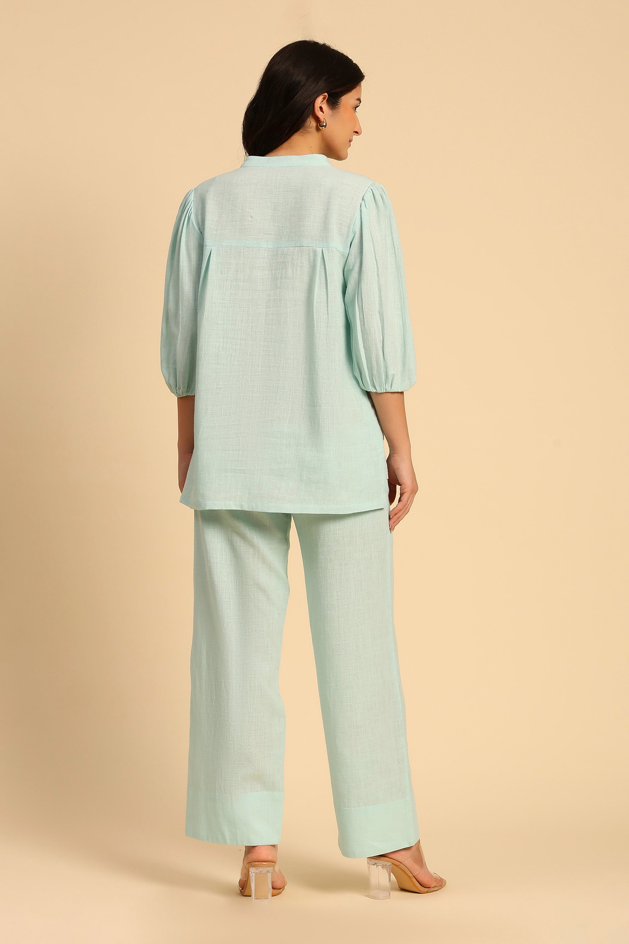 Daphne Blue Embroidered Cotton Linen Handcrafted Co-ord Set