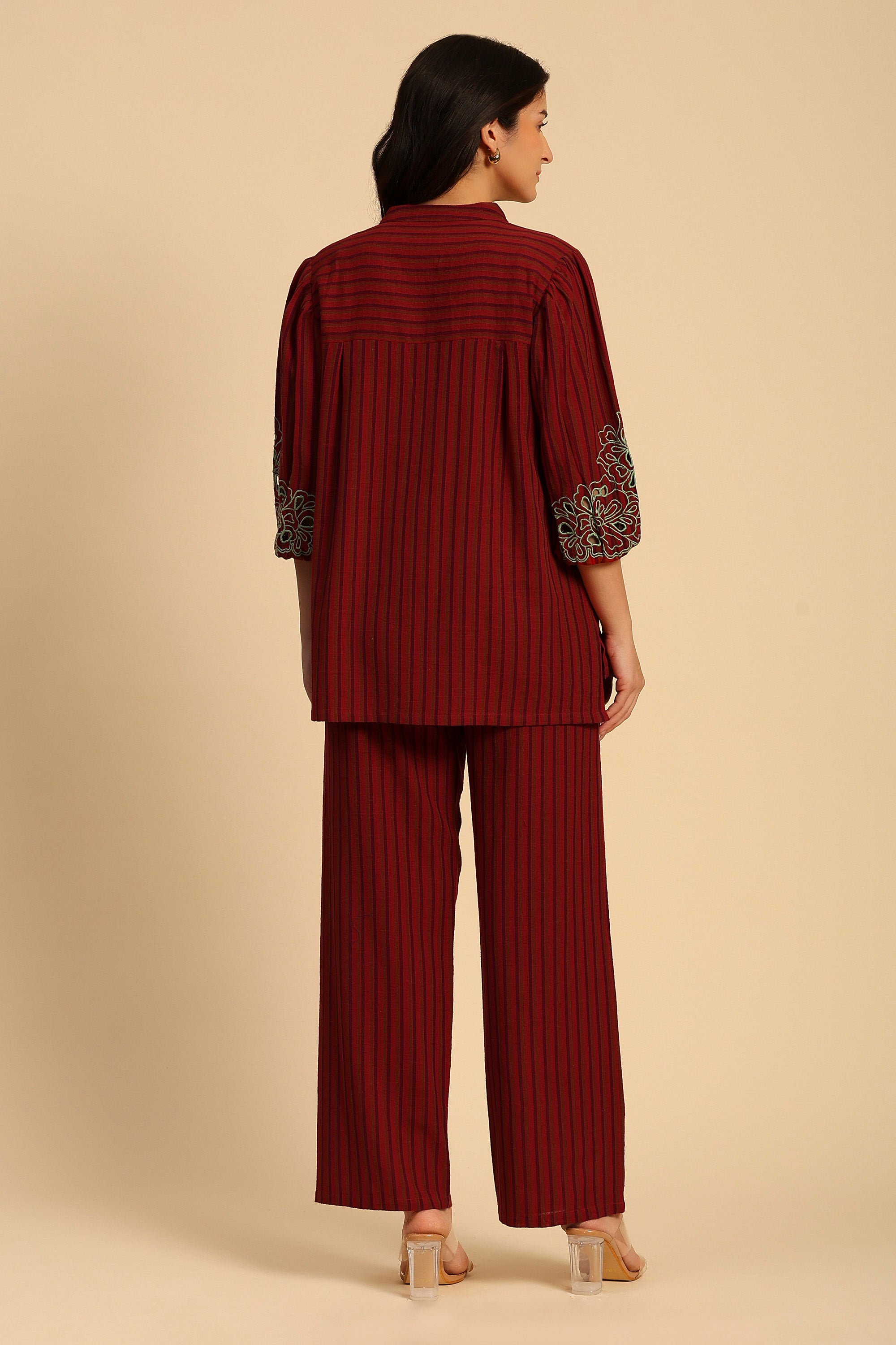 Sama Red & Purple Embroidered Yarn Dyed Handcrafted Co-ord Set