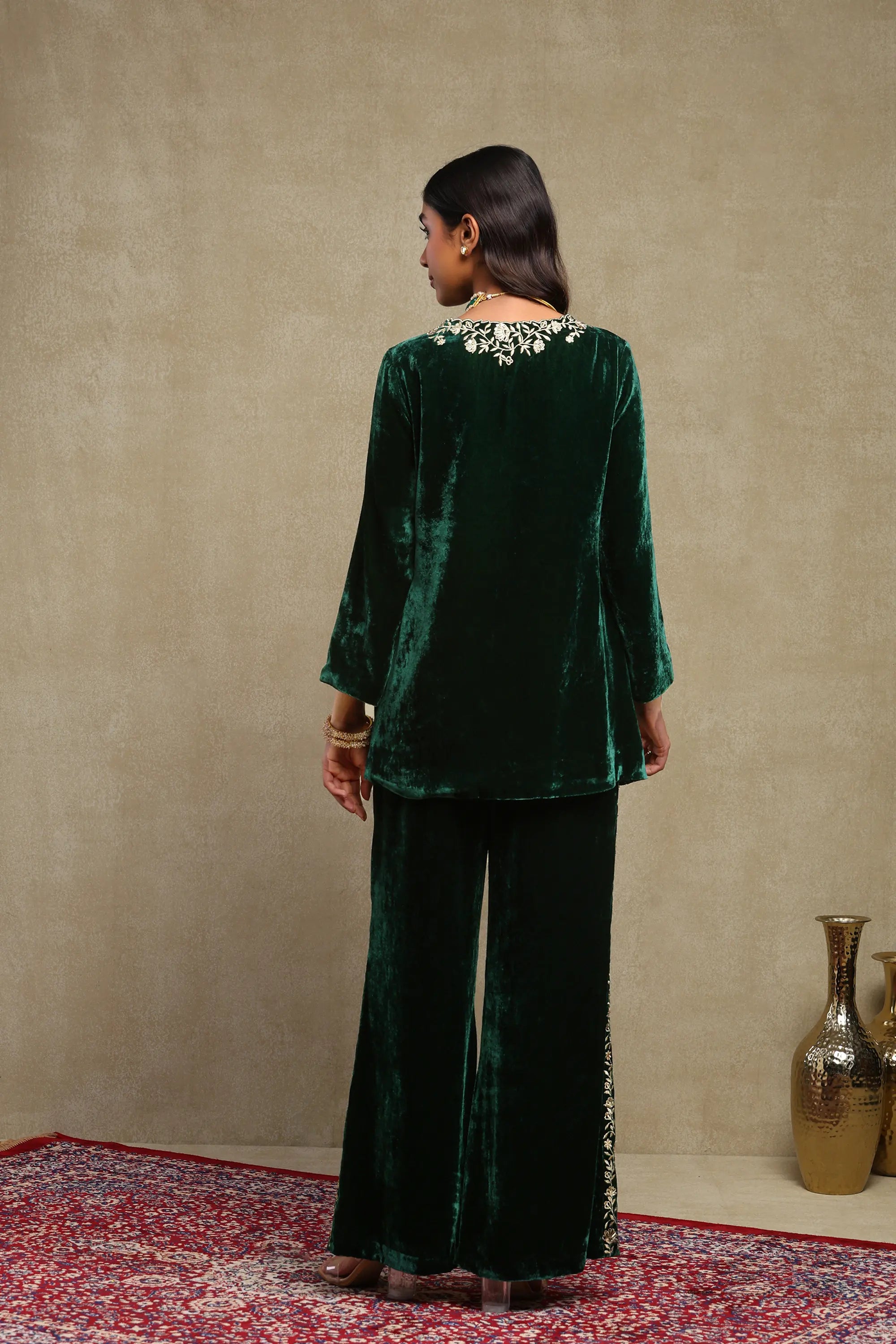Maisha Forest Green Hand Embroidered Silk Velvet Co-Ord Set