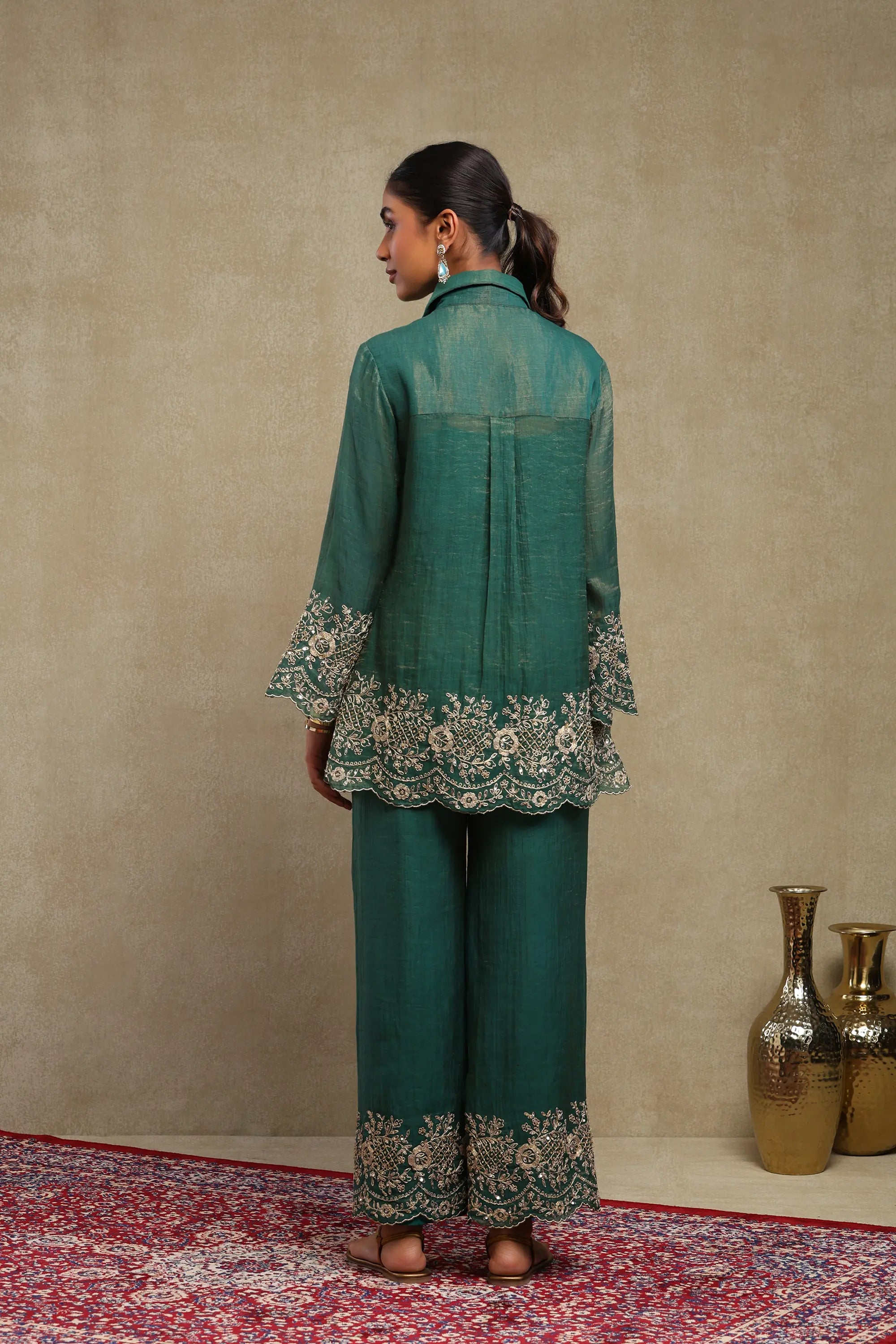 Aadya Emerald Green Hand Embroidered Tissue Chanderi Co-Ord Set