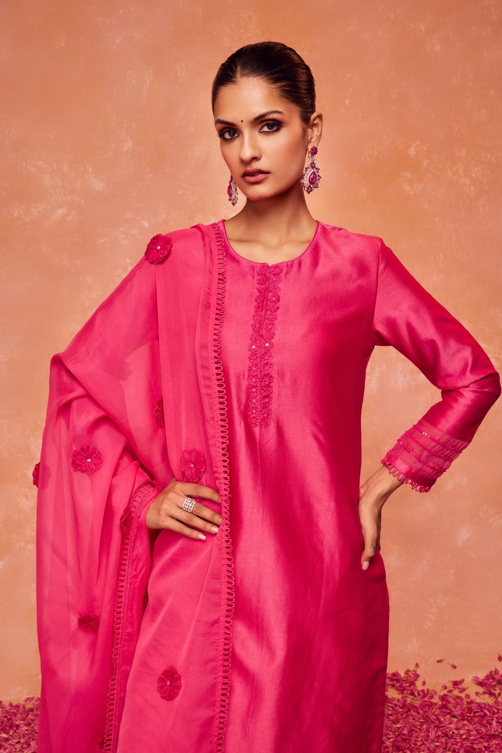 KYRA PINK SILK CHANDERI HANDCRAFTED KURTA SET
