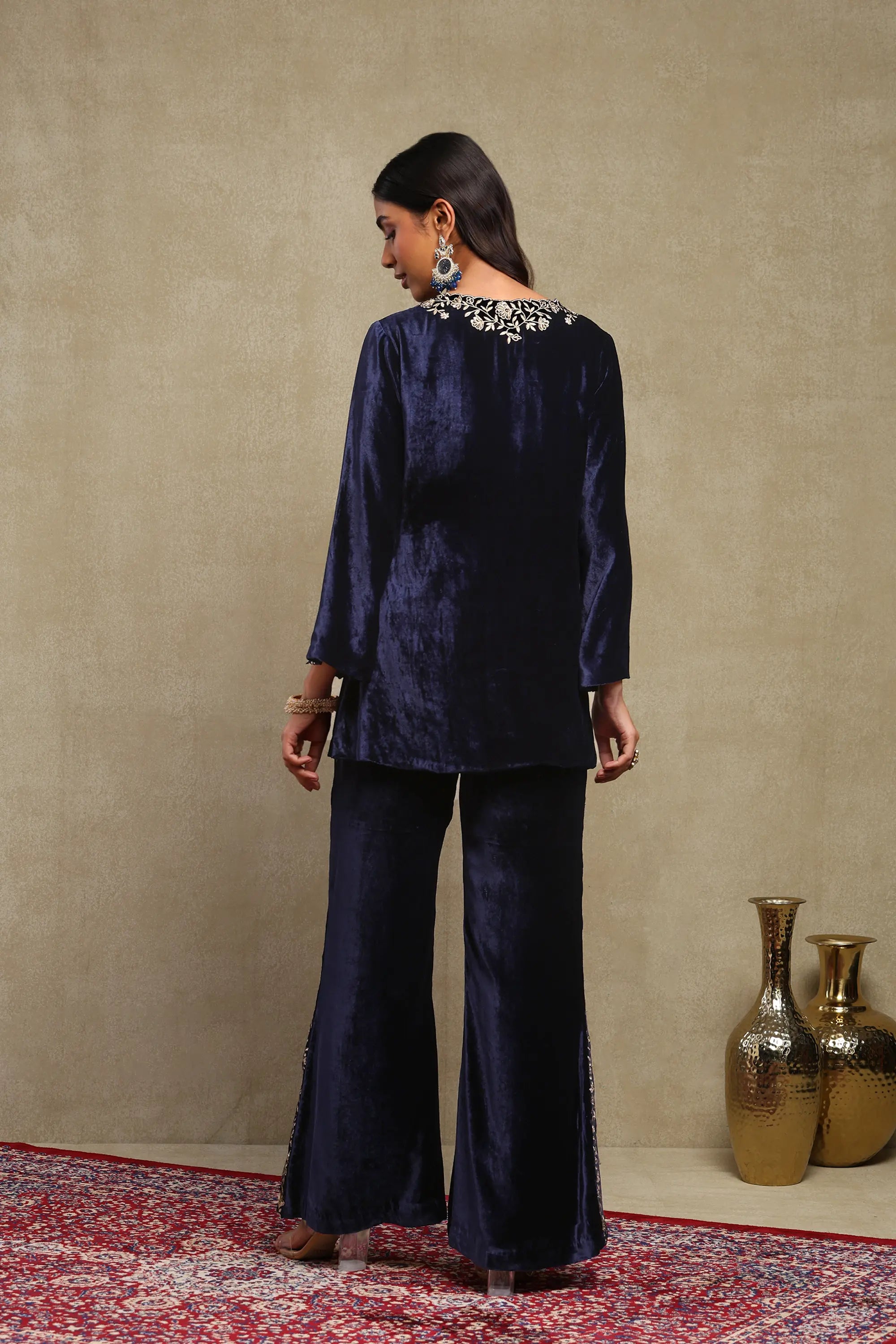 Maisha Navy Blue Hand Embroidered Silk Velvet Co-Ord Set