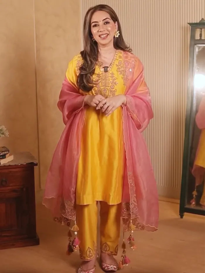 Megha Chopra in Zora Yellow Mirror Work Silk Chanderi Handcrafted A-Line Kurta Set