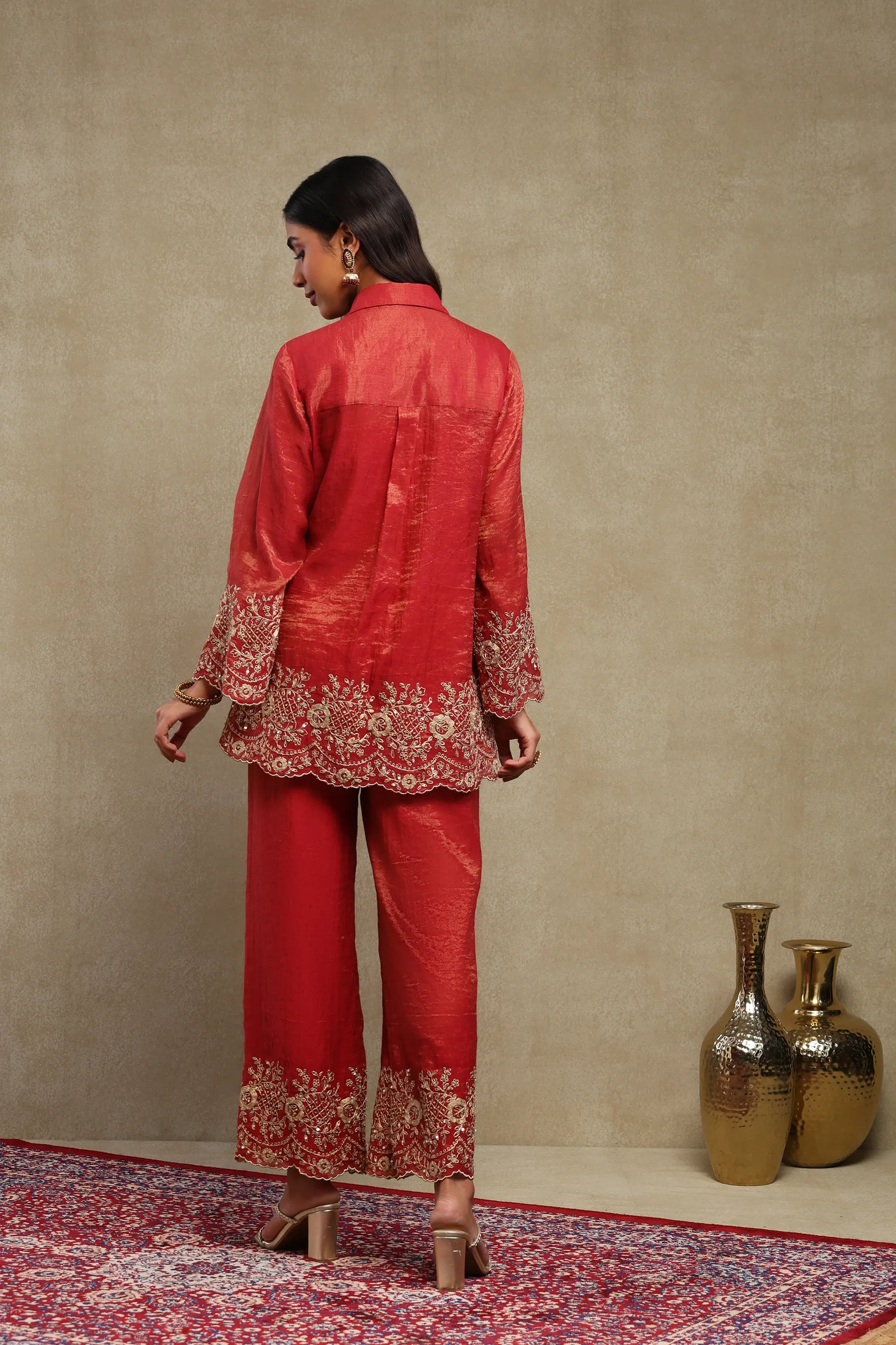 Aadya Red Hand Embroidered Tissue Chanderi Co-Ord Set