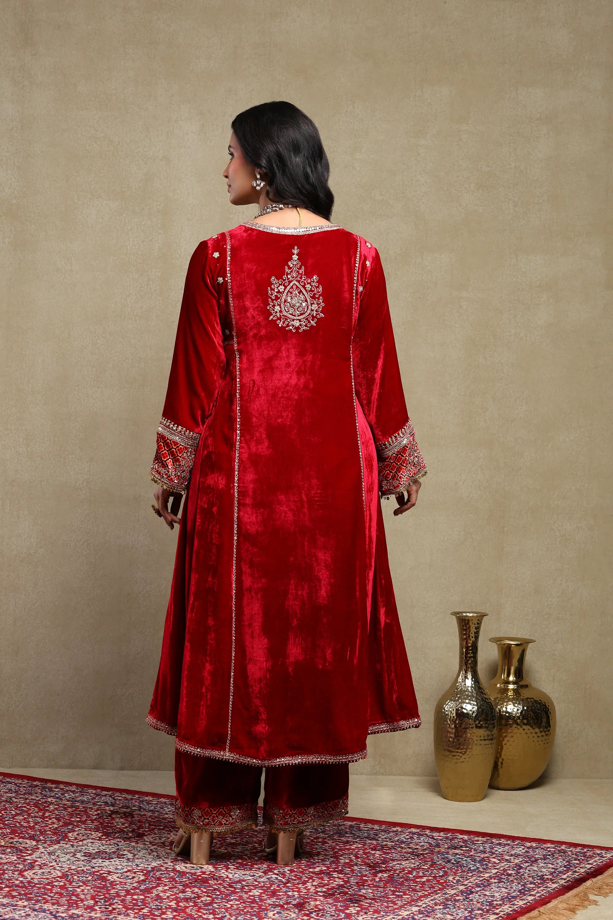 Sahira Cherry Red Embroidered Silk Velvet A-Line Kurta Set