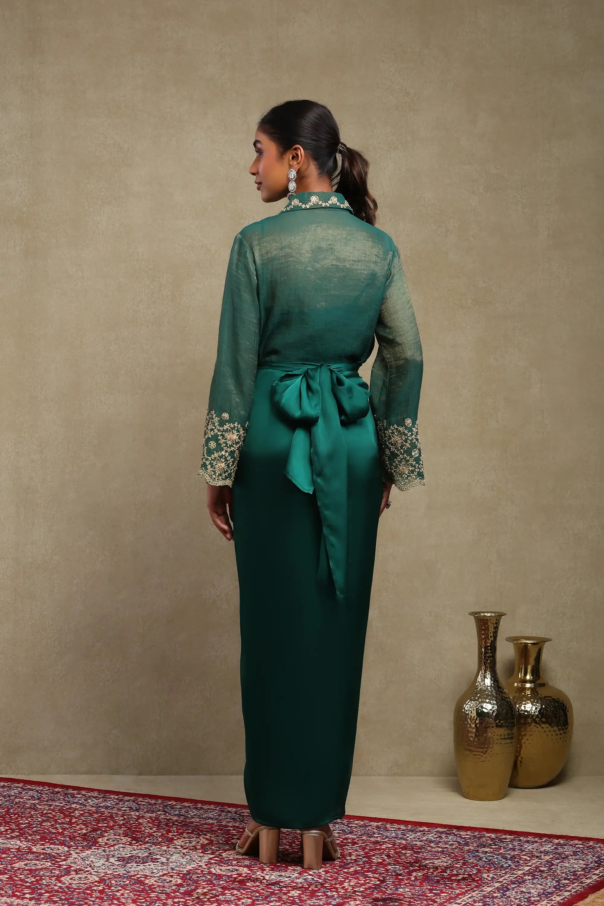 Elina Emerald Green Hand Embroidered Tissue Chanderi and Satin Skirt Set