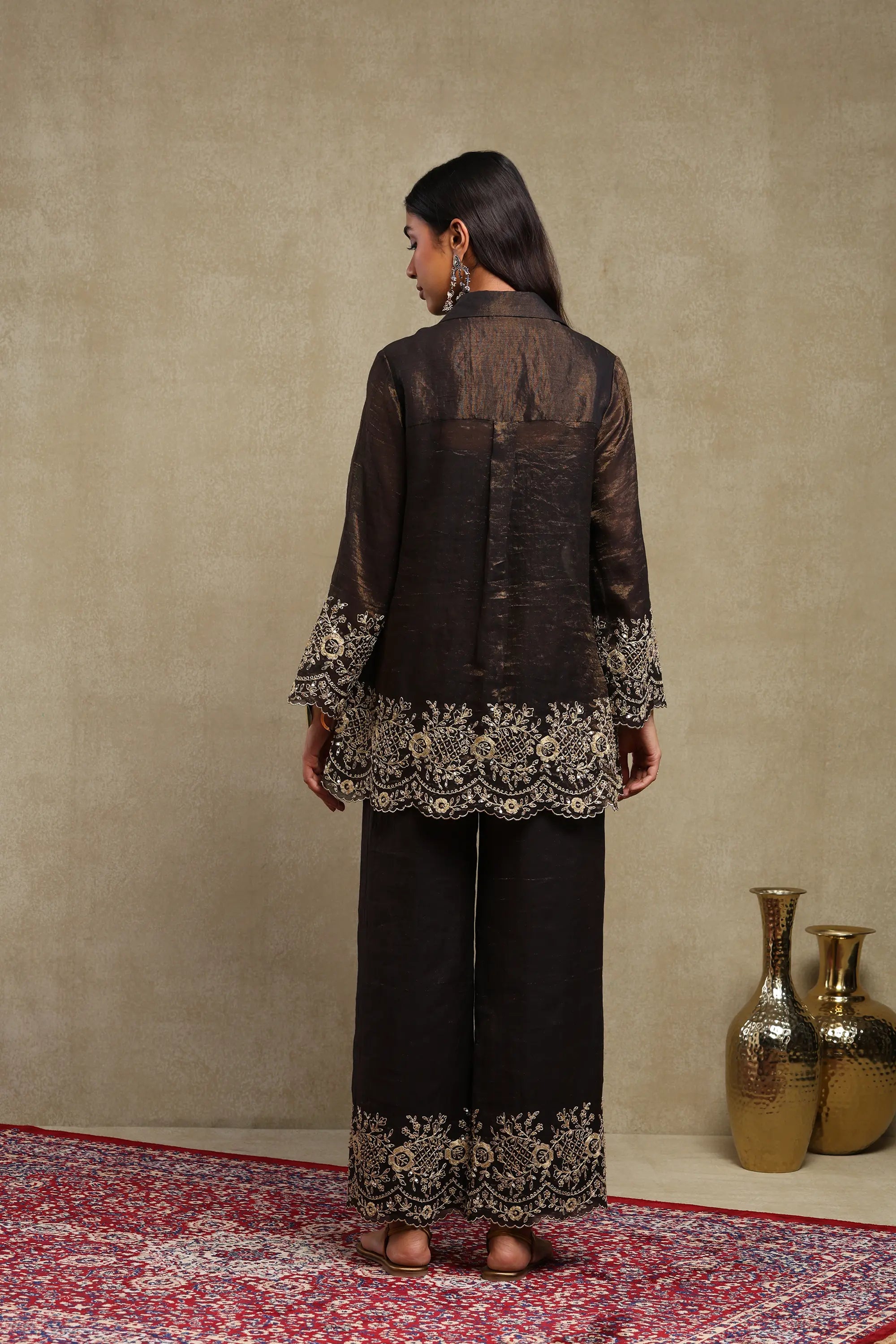 Aadya Black Hand Embroidered Tissue Chanderi Co-Ord Set