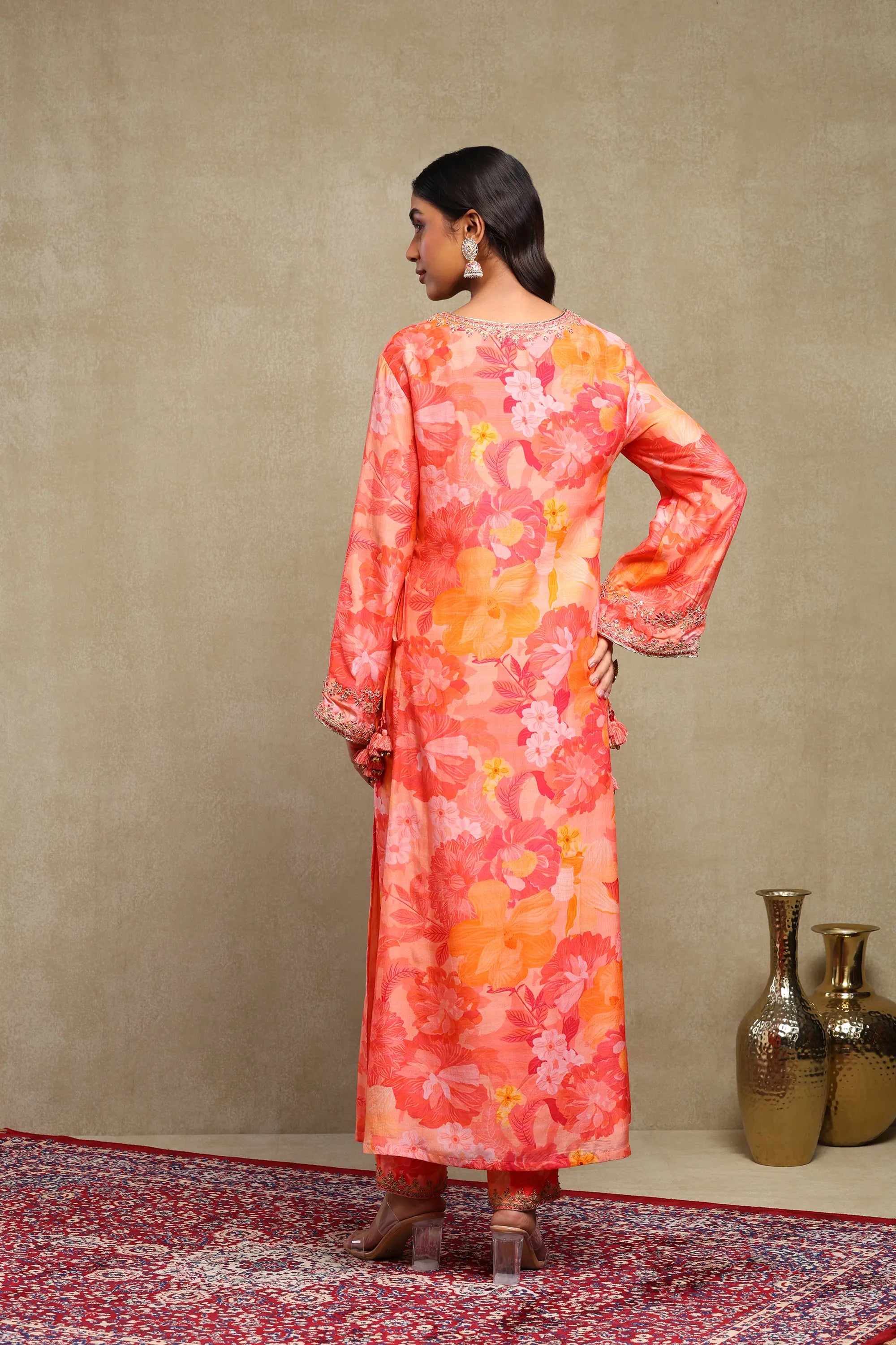 Lily Red & Orange Floral Printed Hand Embroidered Silky Modal Kaftan Set