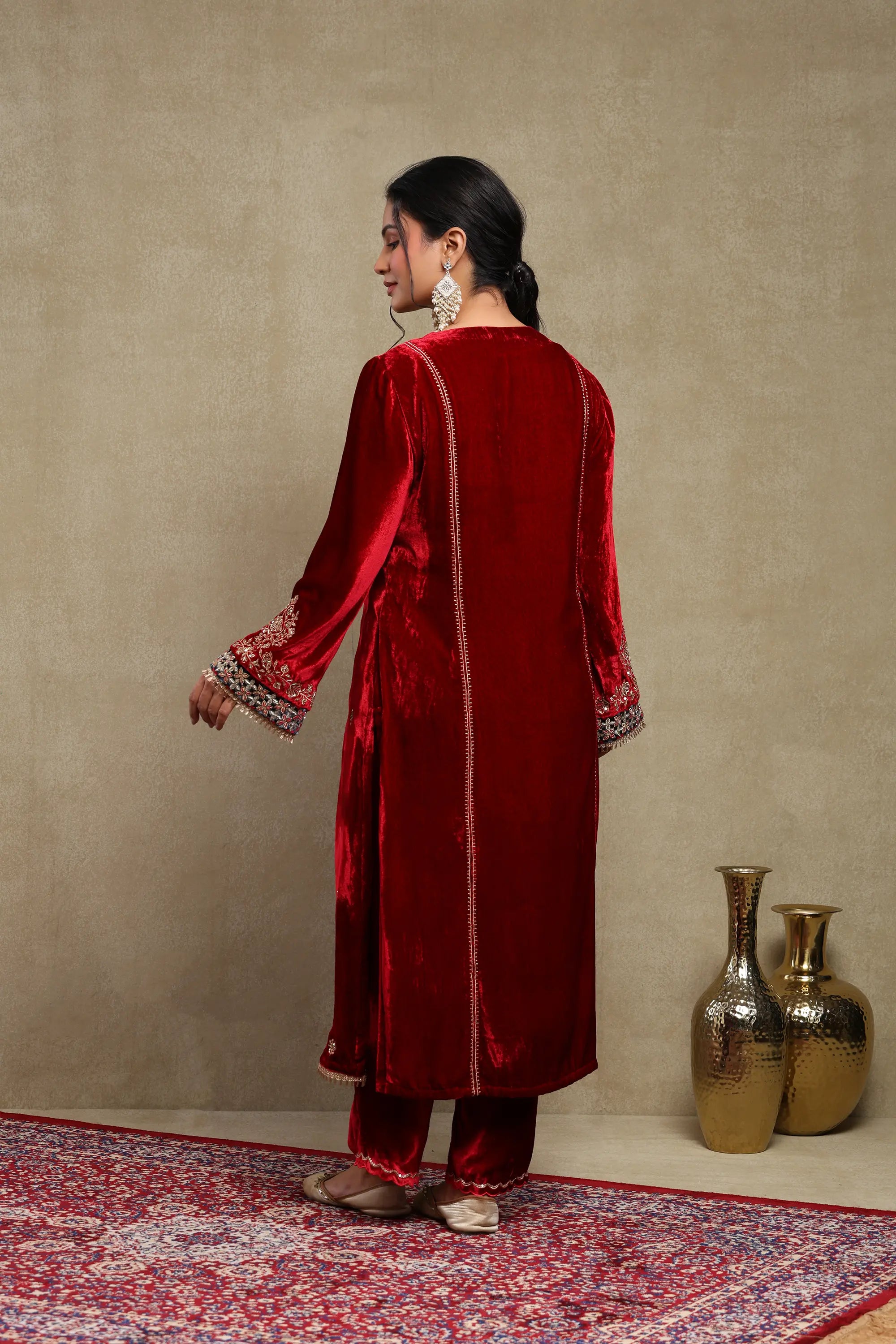 Leena Cherry Red Embroidered Silk Velvet Handcrafted Kurta Set