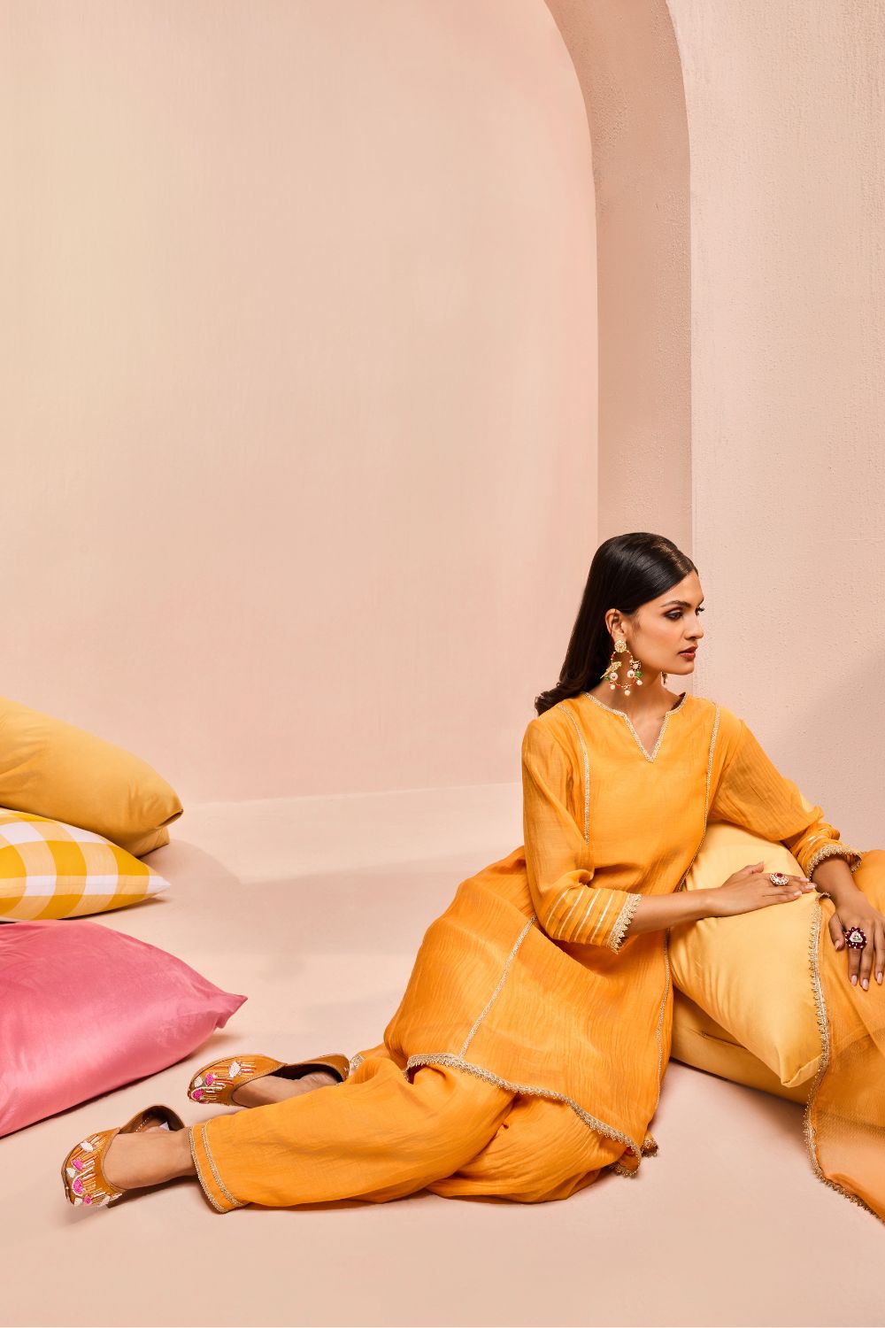 RUMI ORANGE COTTON SILK CHANDERI KURTA SET (READY TO SHIP)