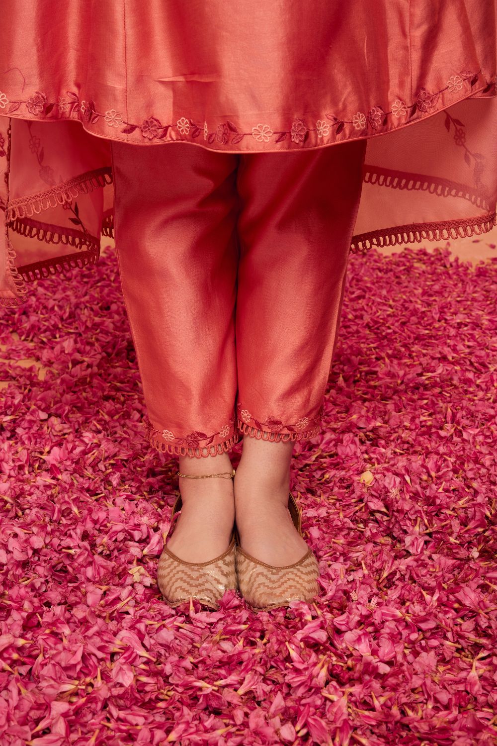 NAIRA PEACH SILK CHANDERI HANDCRAFTED KURTA SET