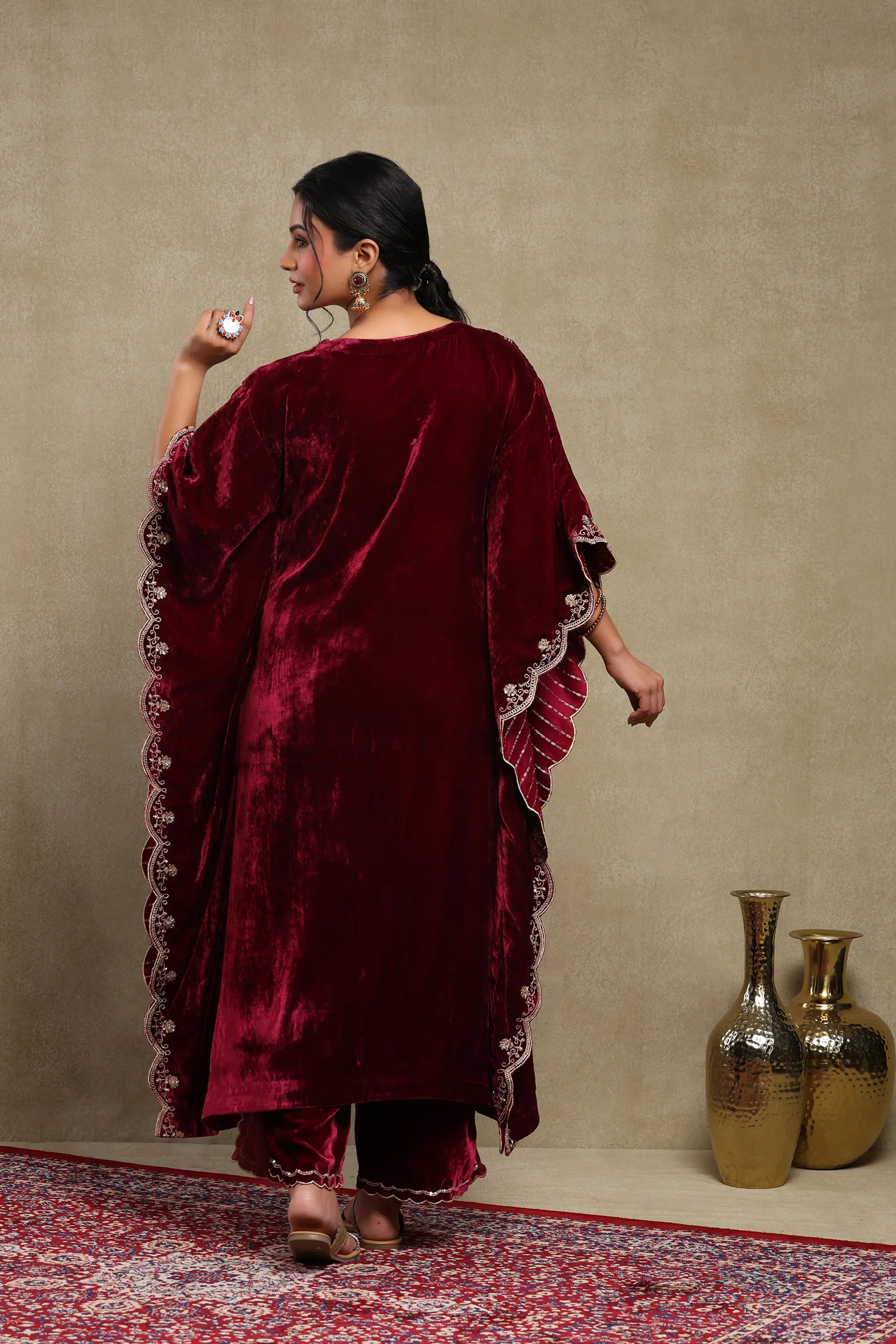 Zainab Plum Embroidered Silk Velvet Kaftan Set (READY TO SHIP)