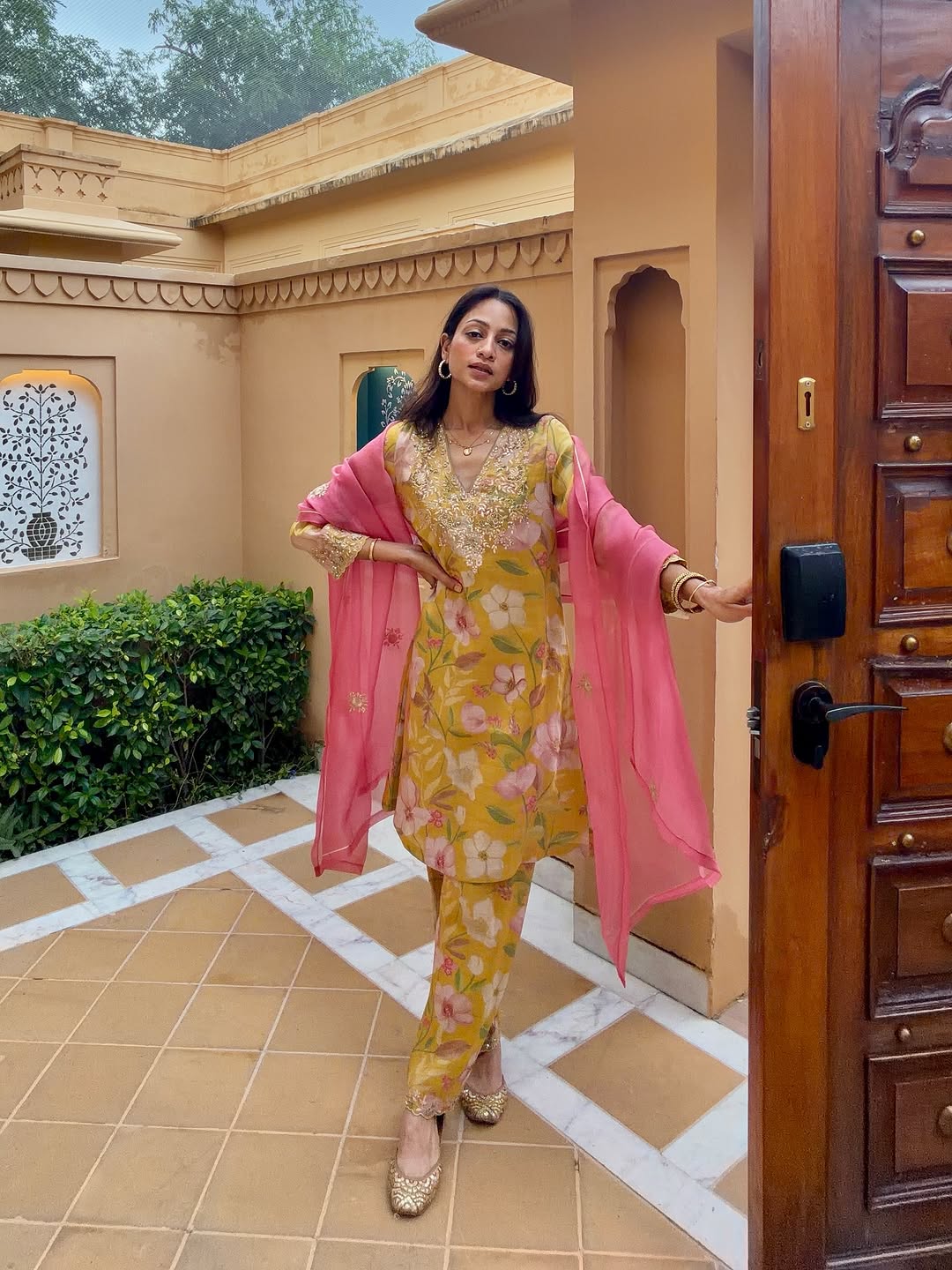 Ayesha Amin Nigam in Gulbaagh Tissue Floral Printed Embroidered Mustard A-Line Kurta Set