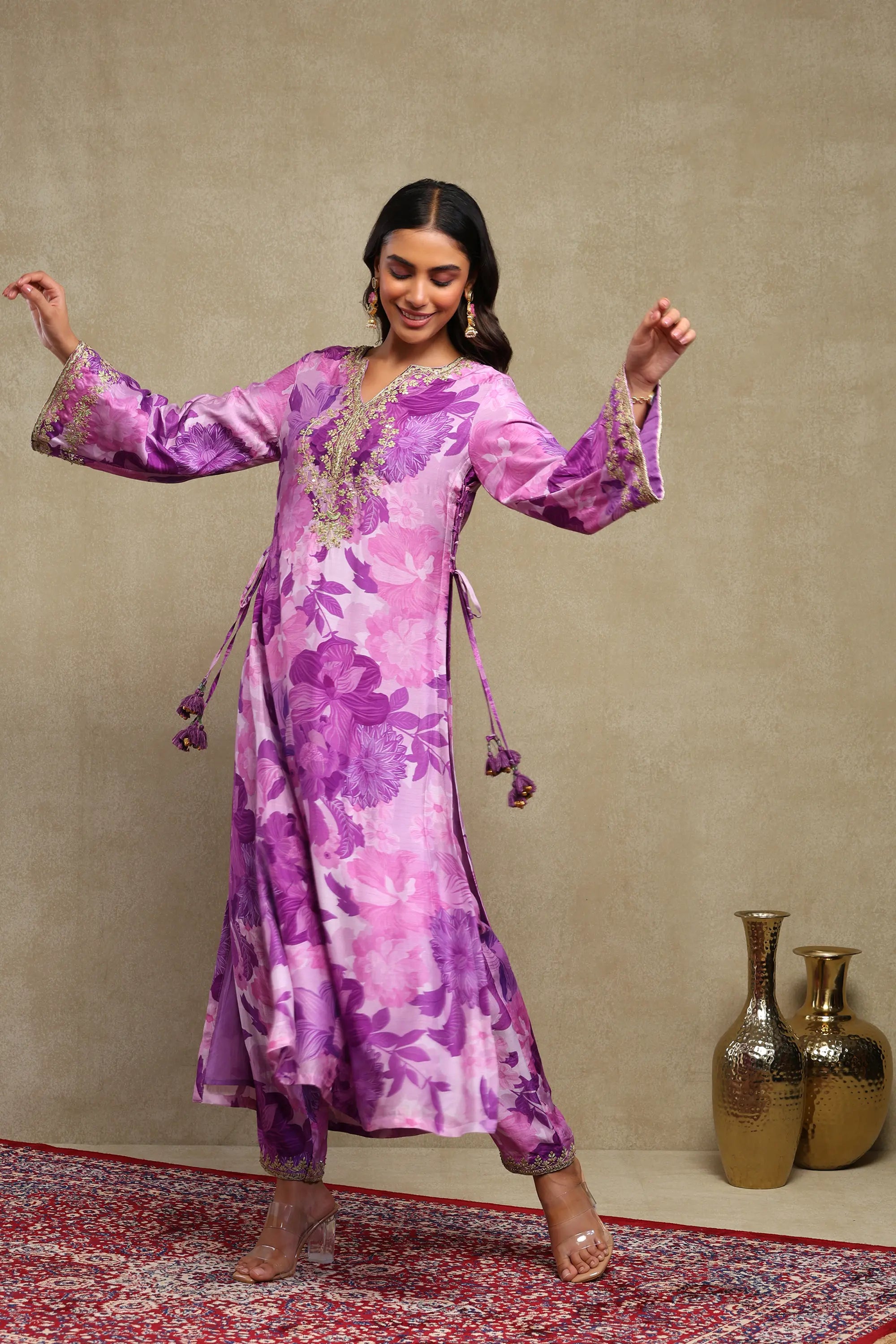 Lily Lilac Floral Printed Hand Embroidered Silky Modal Kaftan Set