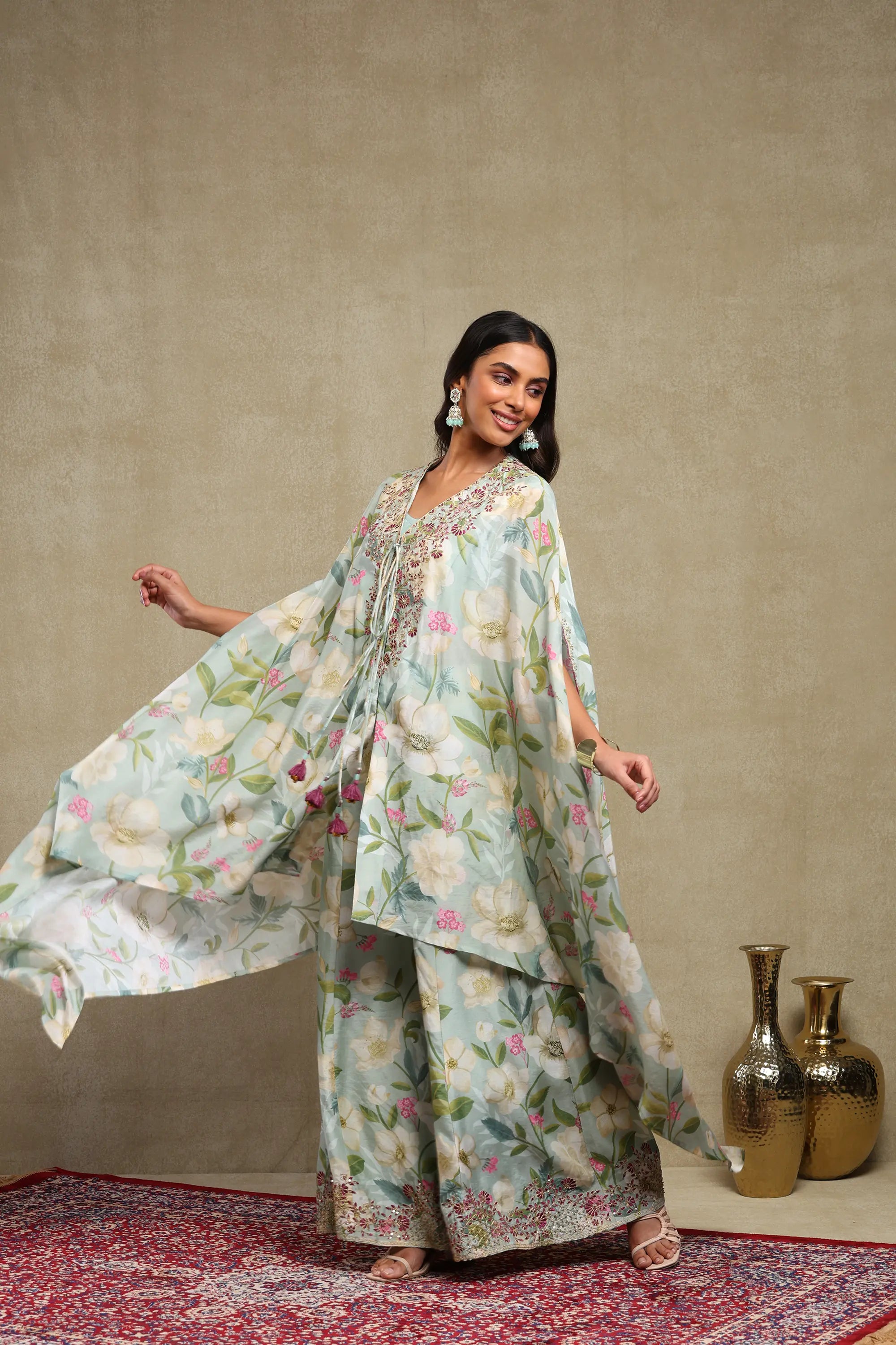 Tanisha Turquoise Floral Printed Hand Embroidered Lightweight Chanderi Kaftan Set