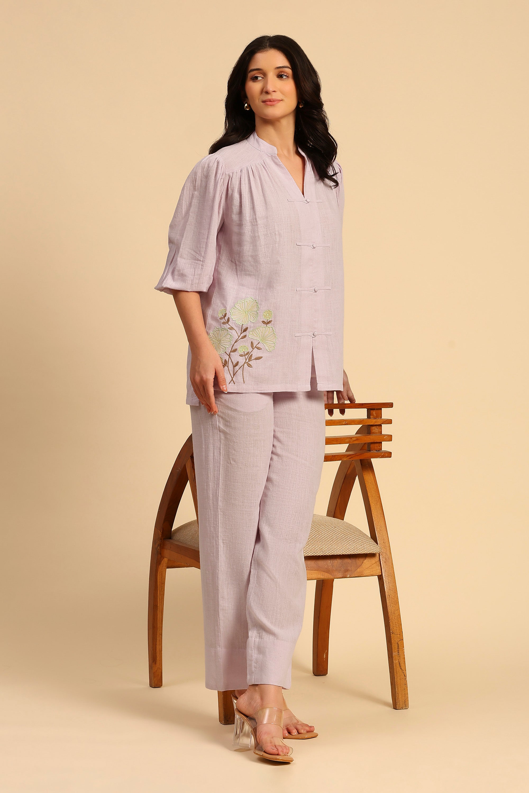 Daphne Light Purple Embroidered Handcrafted Cotton Linen Co-ord Set: