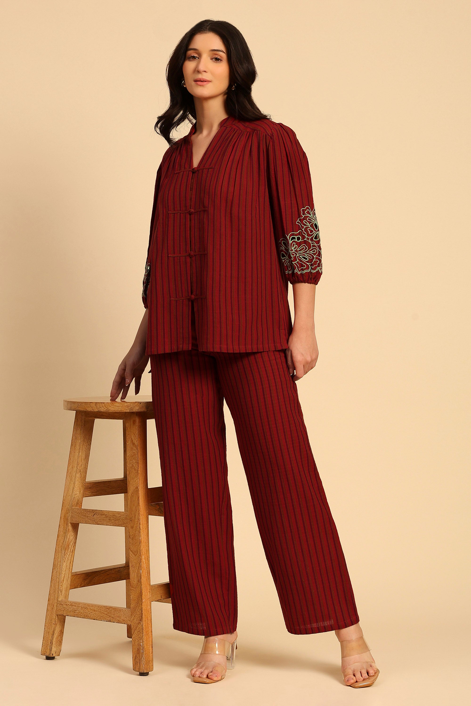 Sama Red & Purple Embroidered Yarn Dyed Handcrafted Co-ord Set