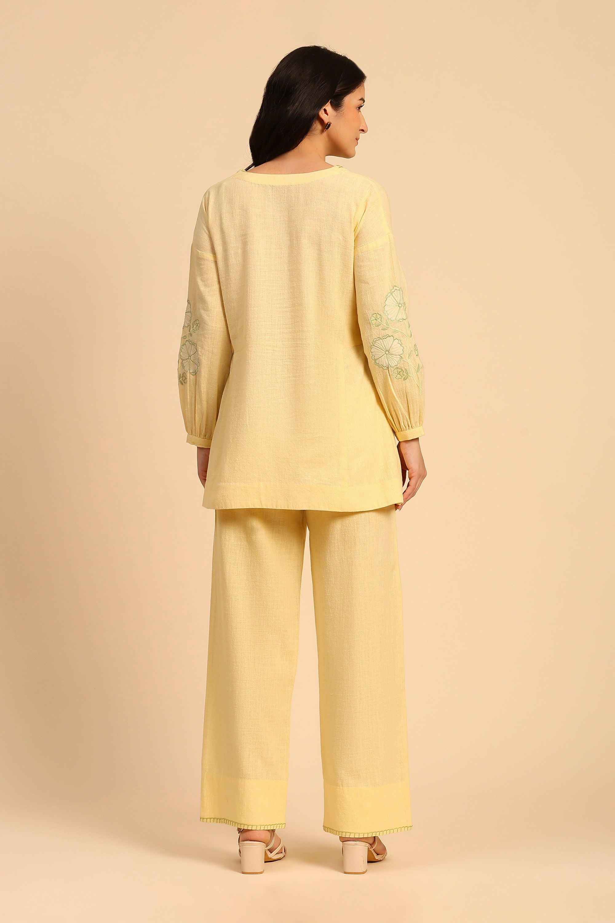 Alaya Yellow Embroidered Handcrafted Cotton Linen Co-ord Set