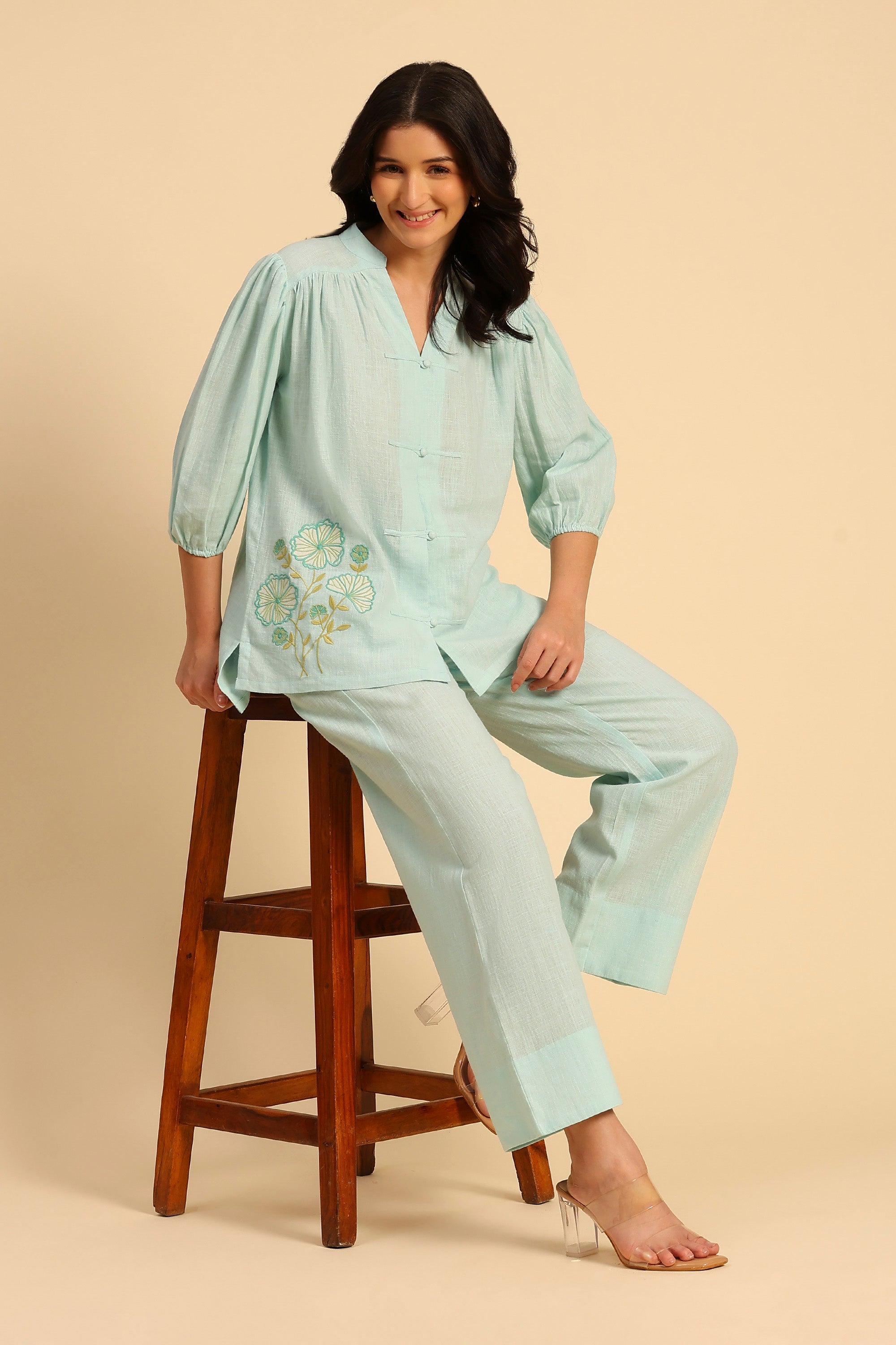 Daphne Blue Embroidered Cotton Linen Handcrafted Co-ord Set