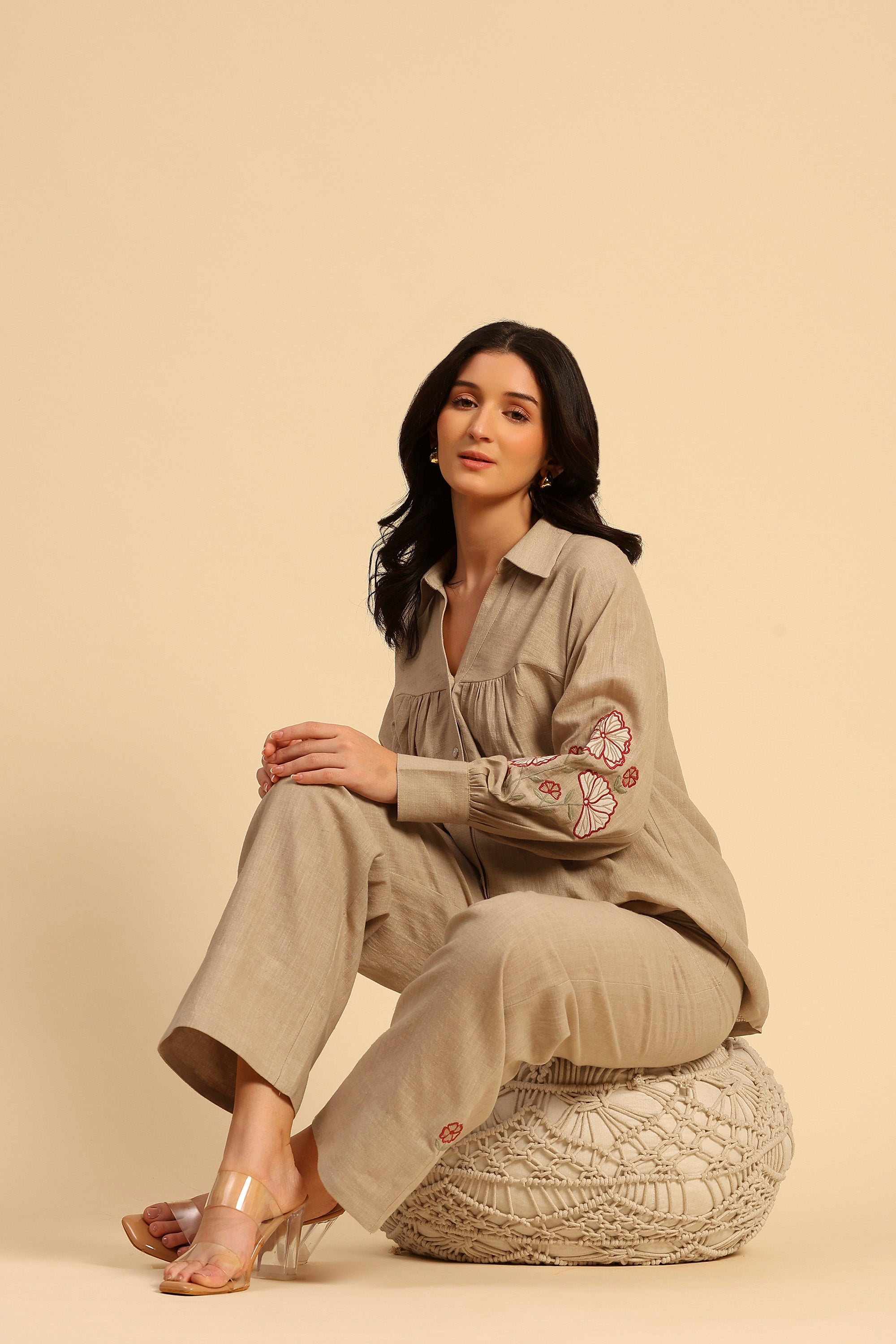 Raya Tan Embroidered Handcrafted Cotton Linen Co-ord Set