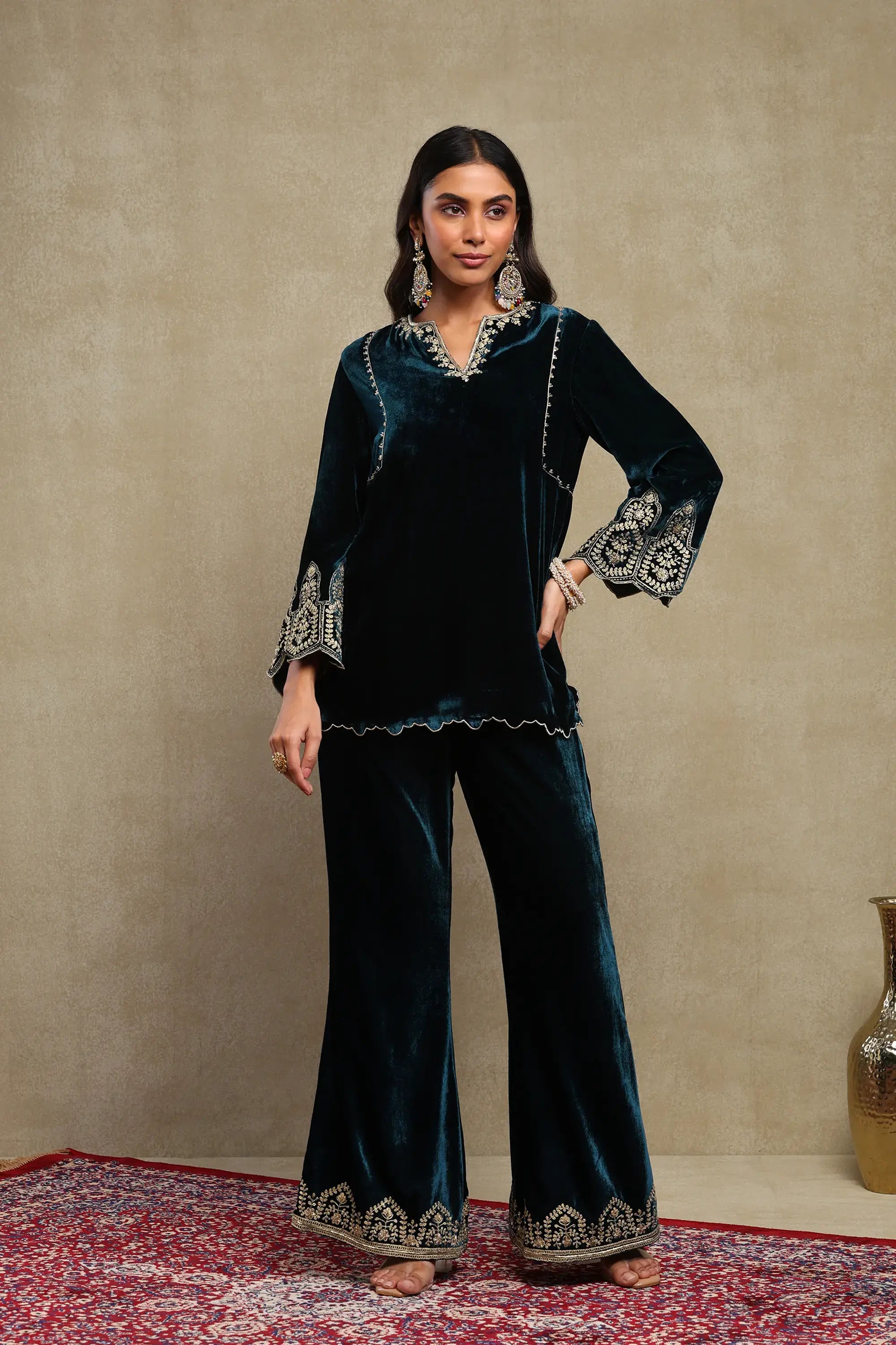 Rida Midnight Blue Hand Embroidered Silk Velvet Co-Ord Set