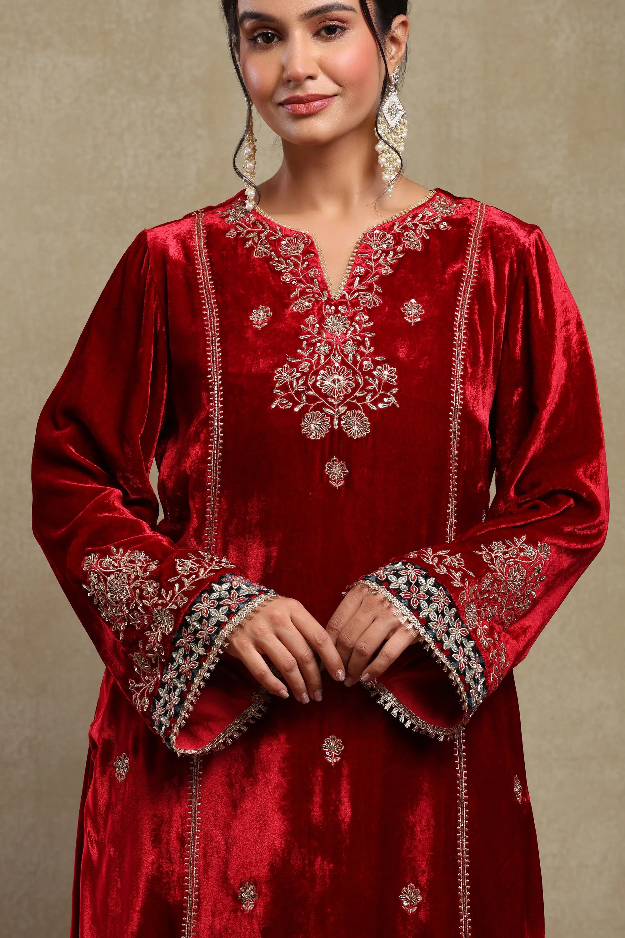 Leena Cherry Red Embroidered Silk Velvet Handcrafted Kurta Set