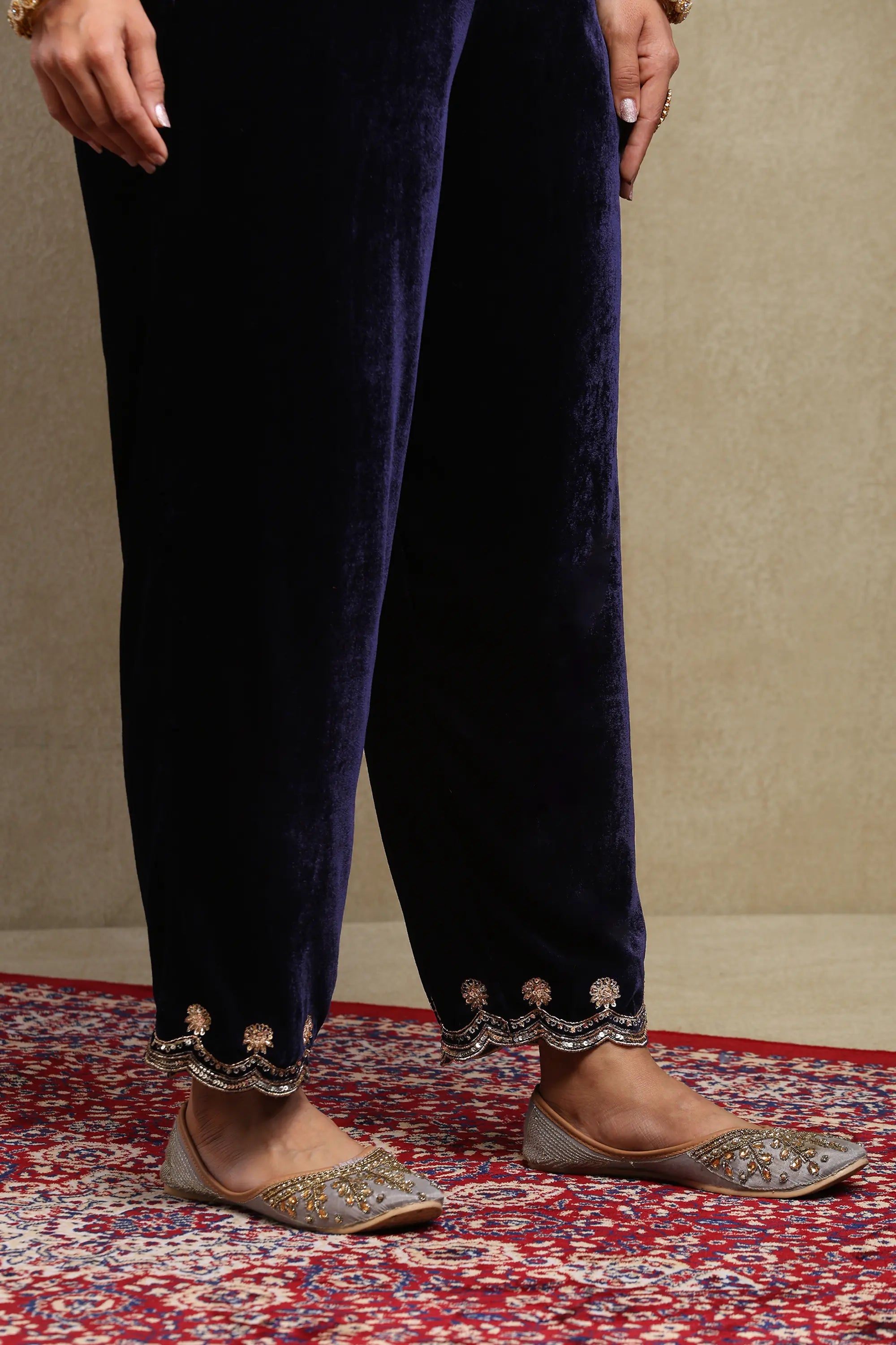 Nayab Navy Blue Embroidered Silk Velvet Handcrafted Kurta Set