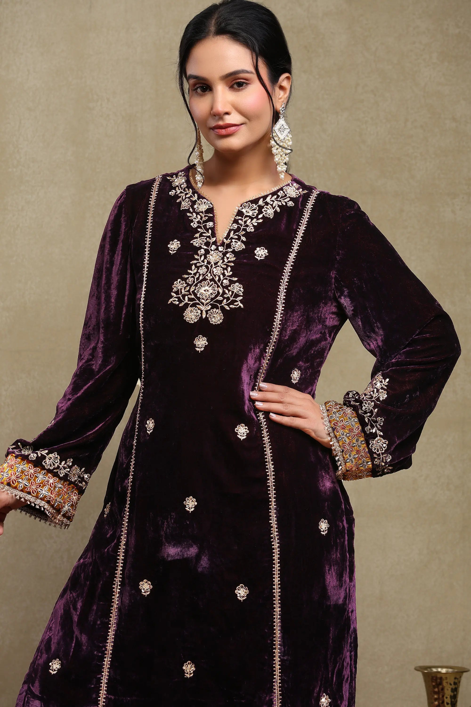Leena Purple Embroidered Silk Velvet Handcrafted Kurta Set