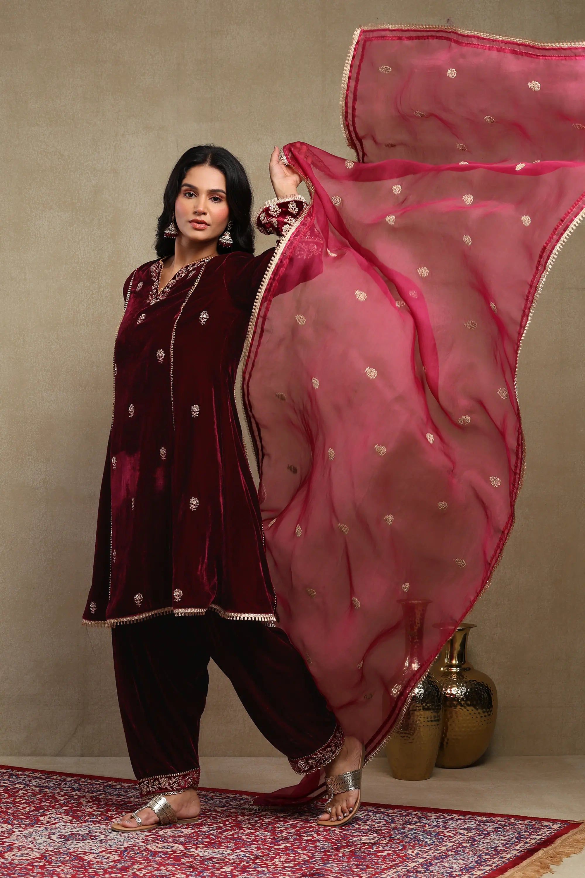 Raabta Plum Embroidered Silk Velvet Kurta Set