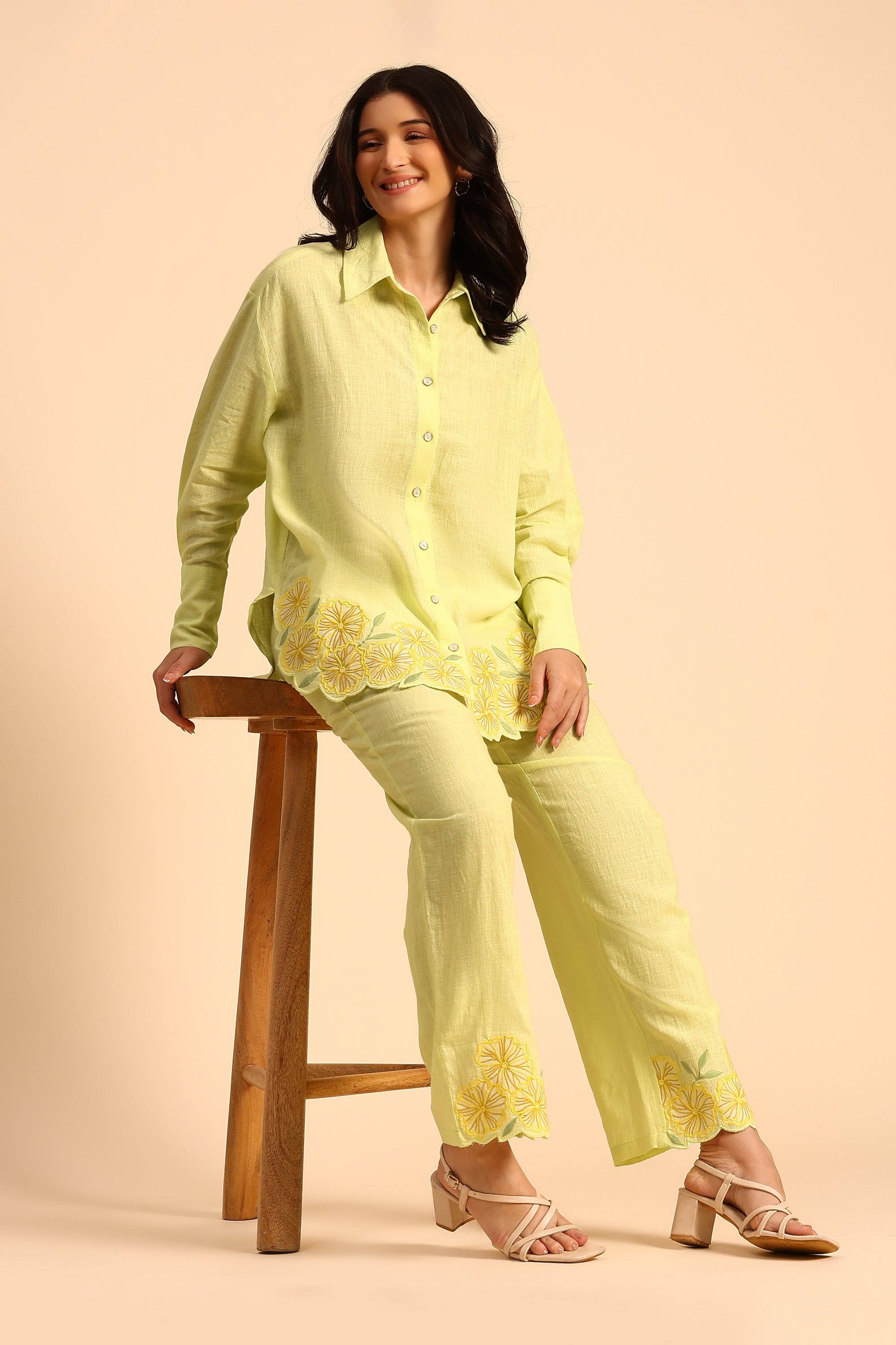 Niya Green Embroidered Handcrafted Cotton Linen Co-ord Set