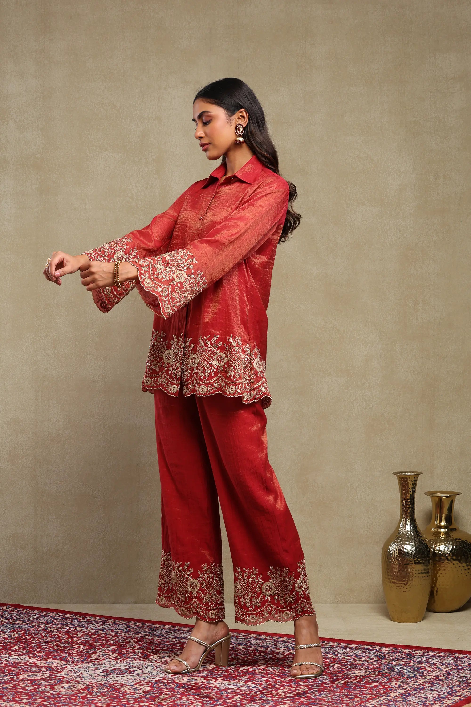 Aadya Red Hand Embroidered Tissue Chanderi Co-Ord Set