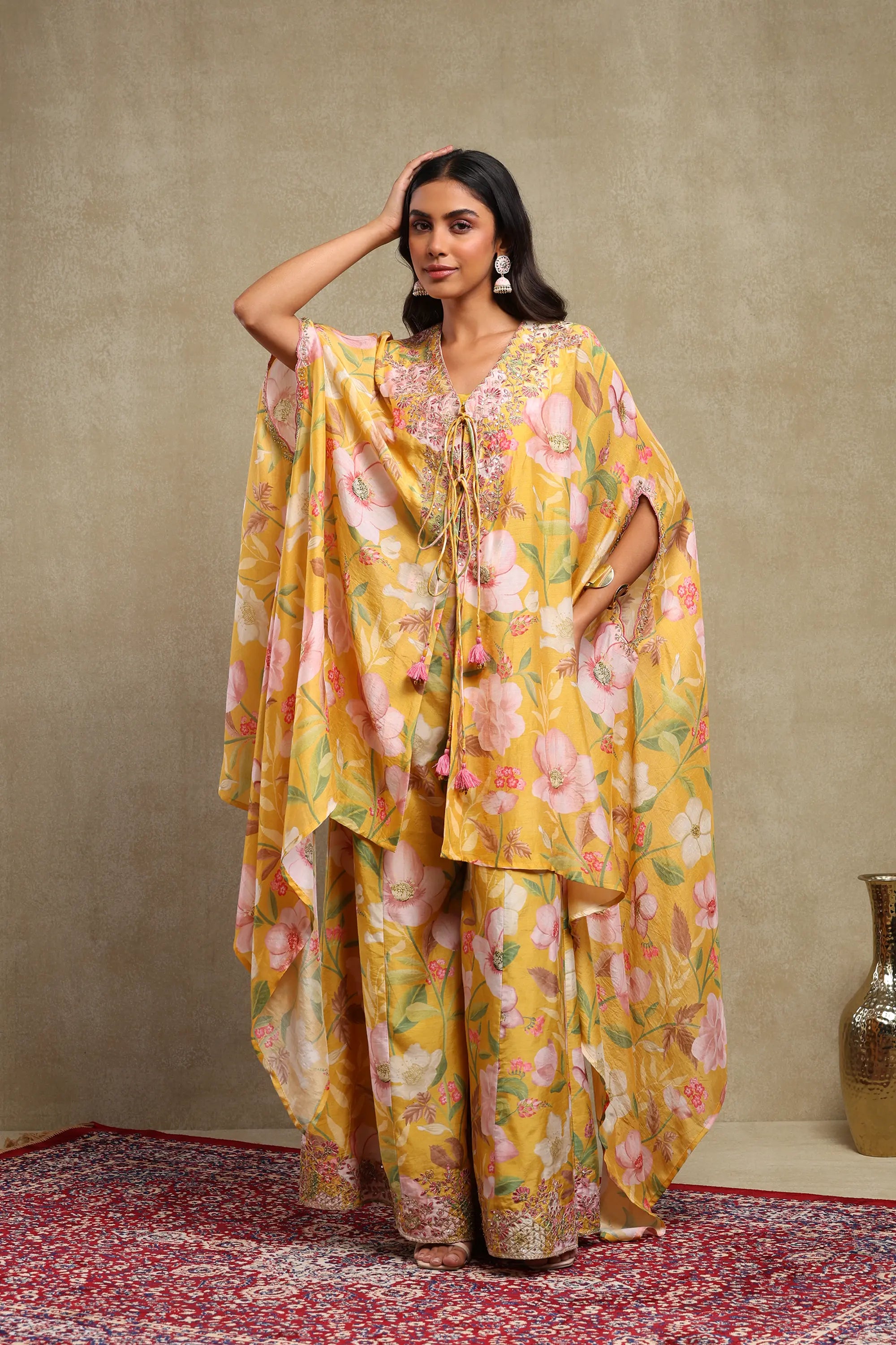 Tanisha Mustard Floral Printed Hand Embroidered Lightweight Chanderi Kaftan Set