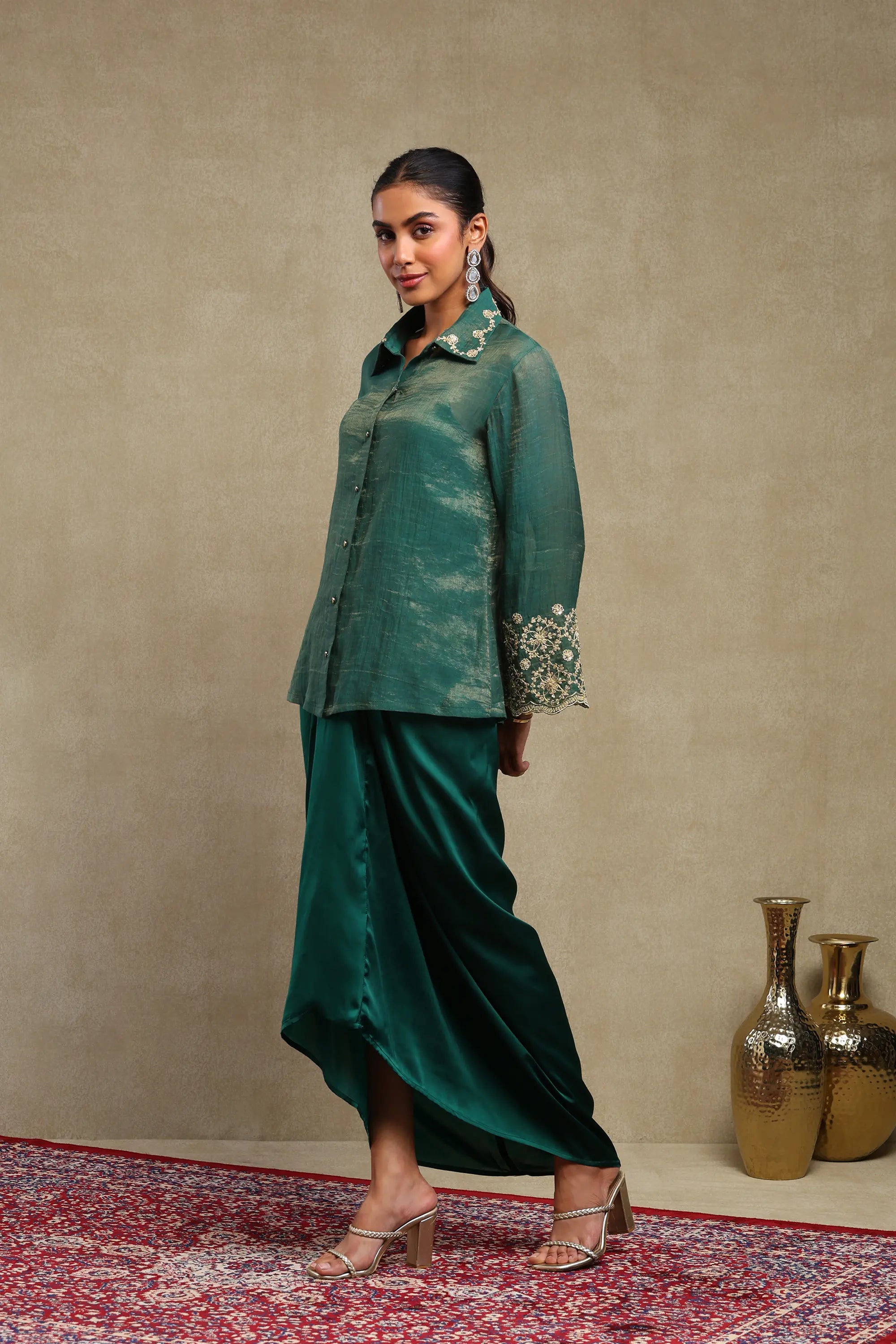 Elina Emerald Green Hand Embroidered Tissue Chanderi and Satin Skirt Set