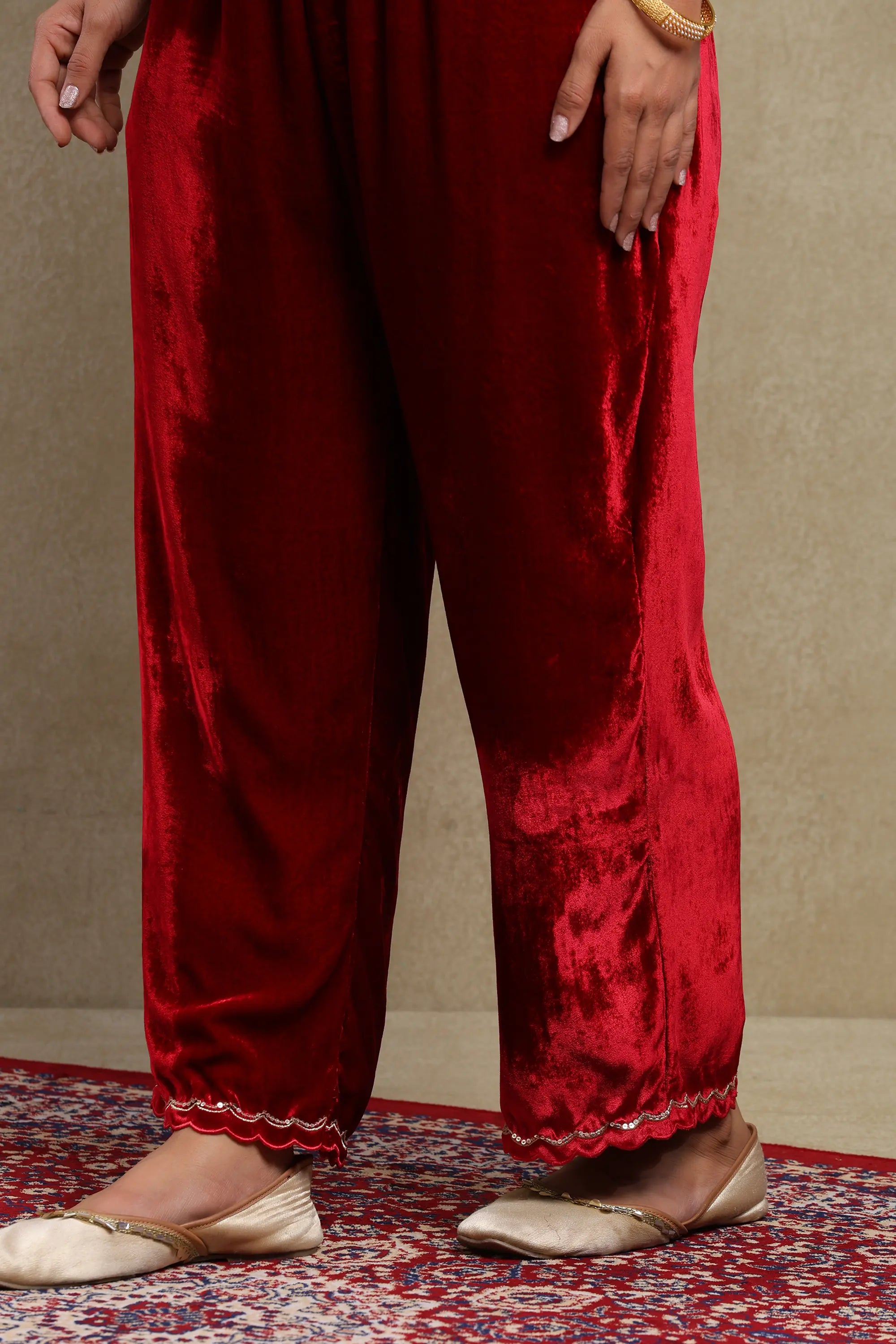 Leena Cherry Red Embroidered Silk Velvet Handcrafted Kurta Set