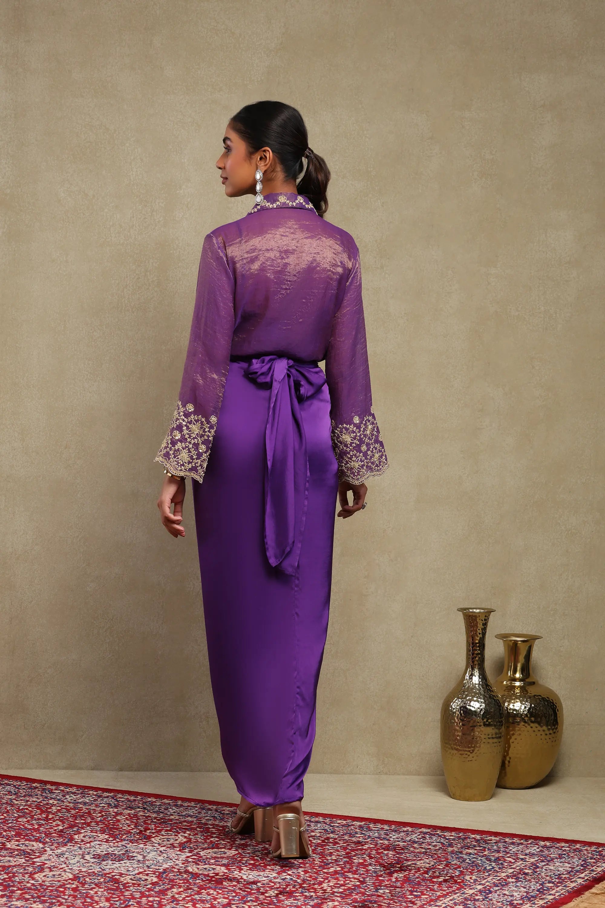 Elina Deep Purple Hand Embroidered Tissue Chanderi and Satin Skirt Set