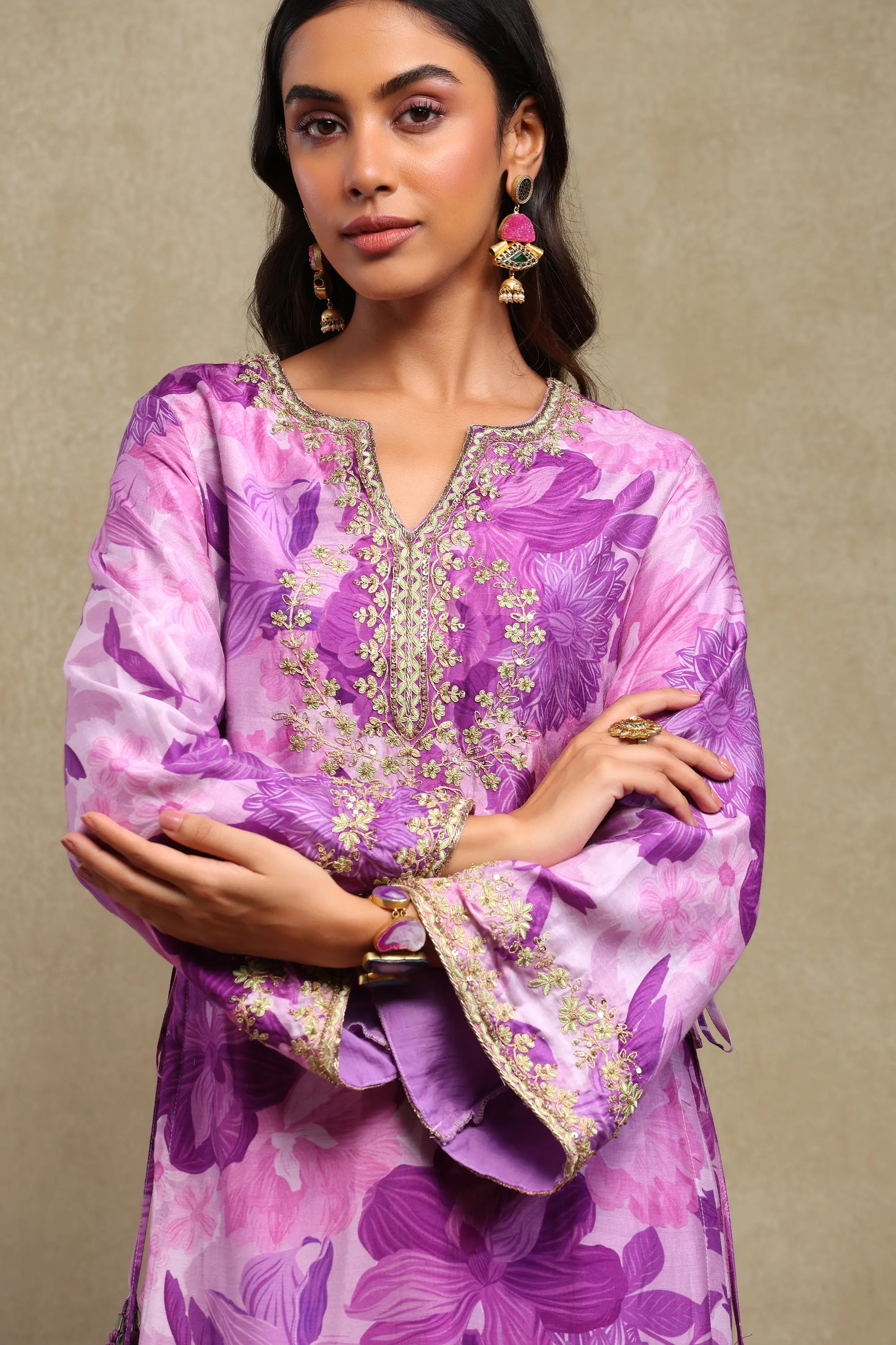 Lily Lilac Floral Printed Hand Embroidered Silky Modal Kaftan Set