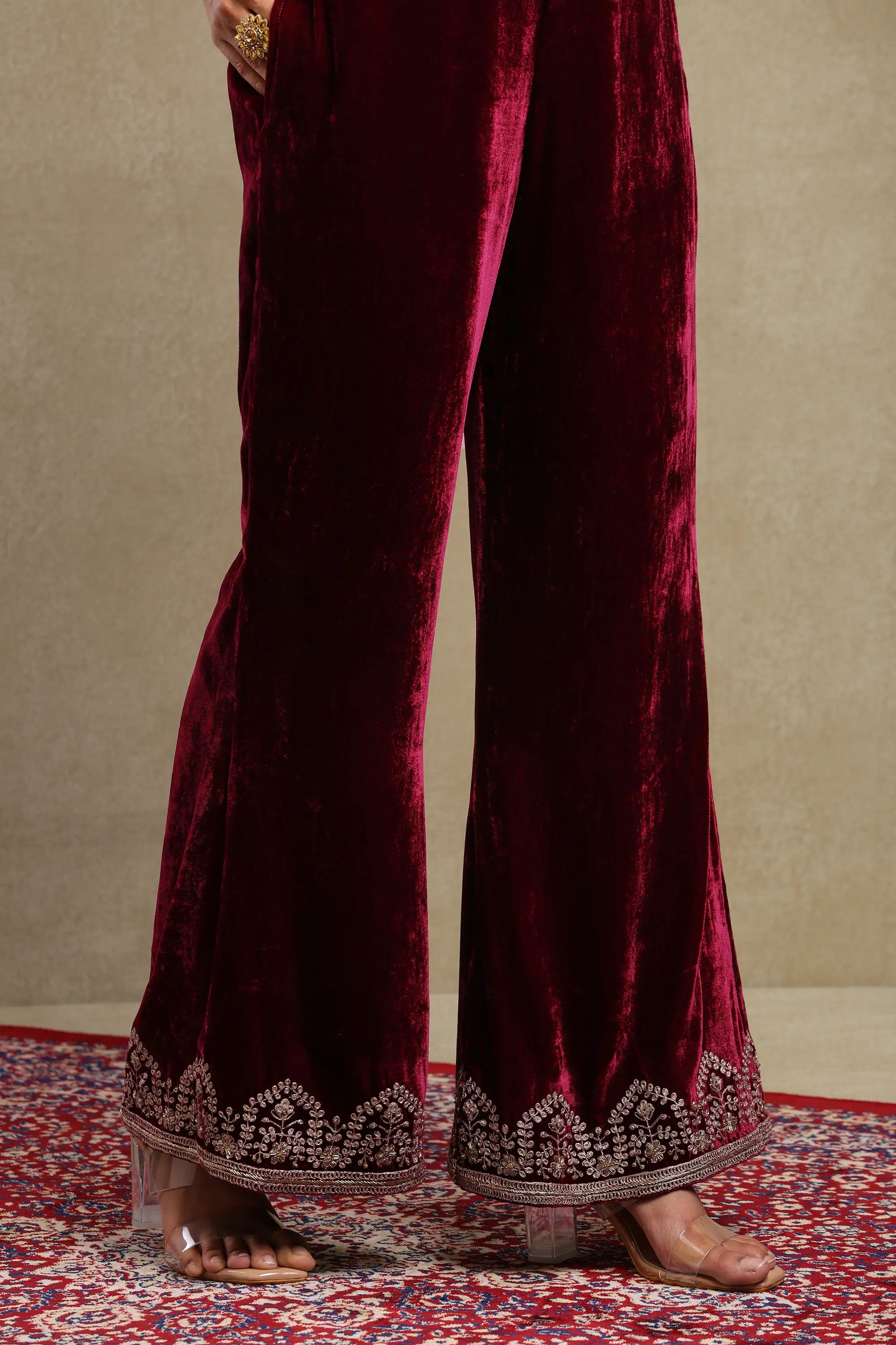 Rida Plum Hand Embroidered Silk Velvet Co-Ord Set