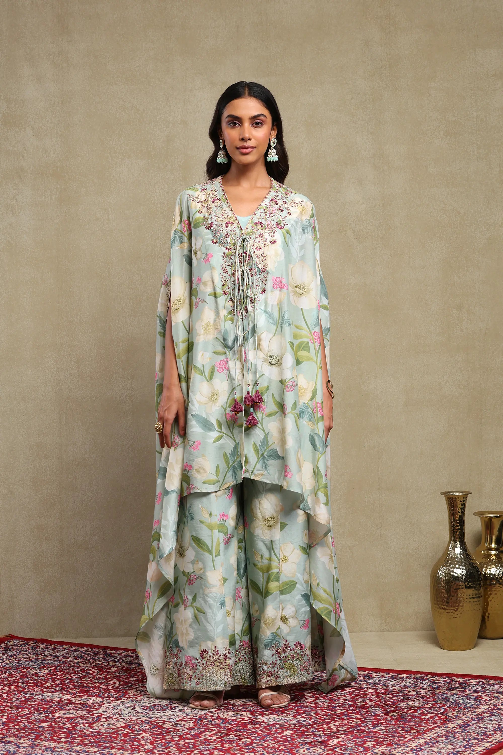 Tanisha Turquoise Floral Printed Hand Embroidered Lightweight Chanderi Kaftan Set