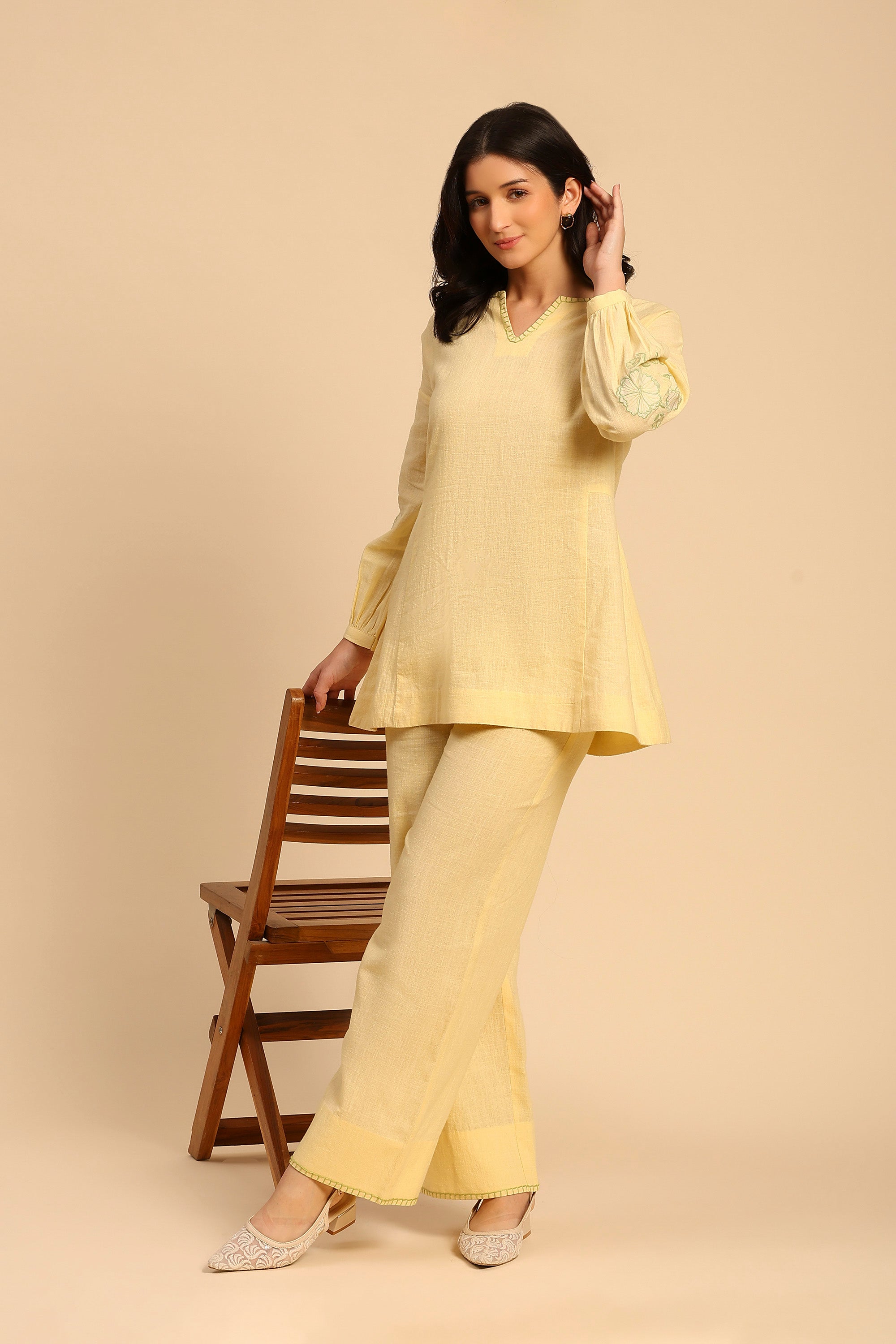 Alaya Yellow Embroidered Handcrafted Cotton Linen Co-ord Set