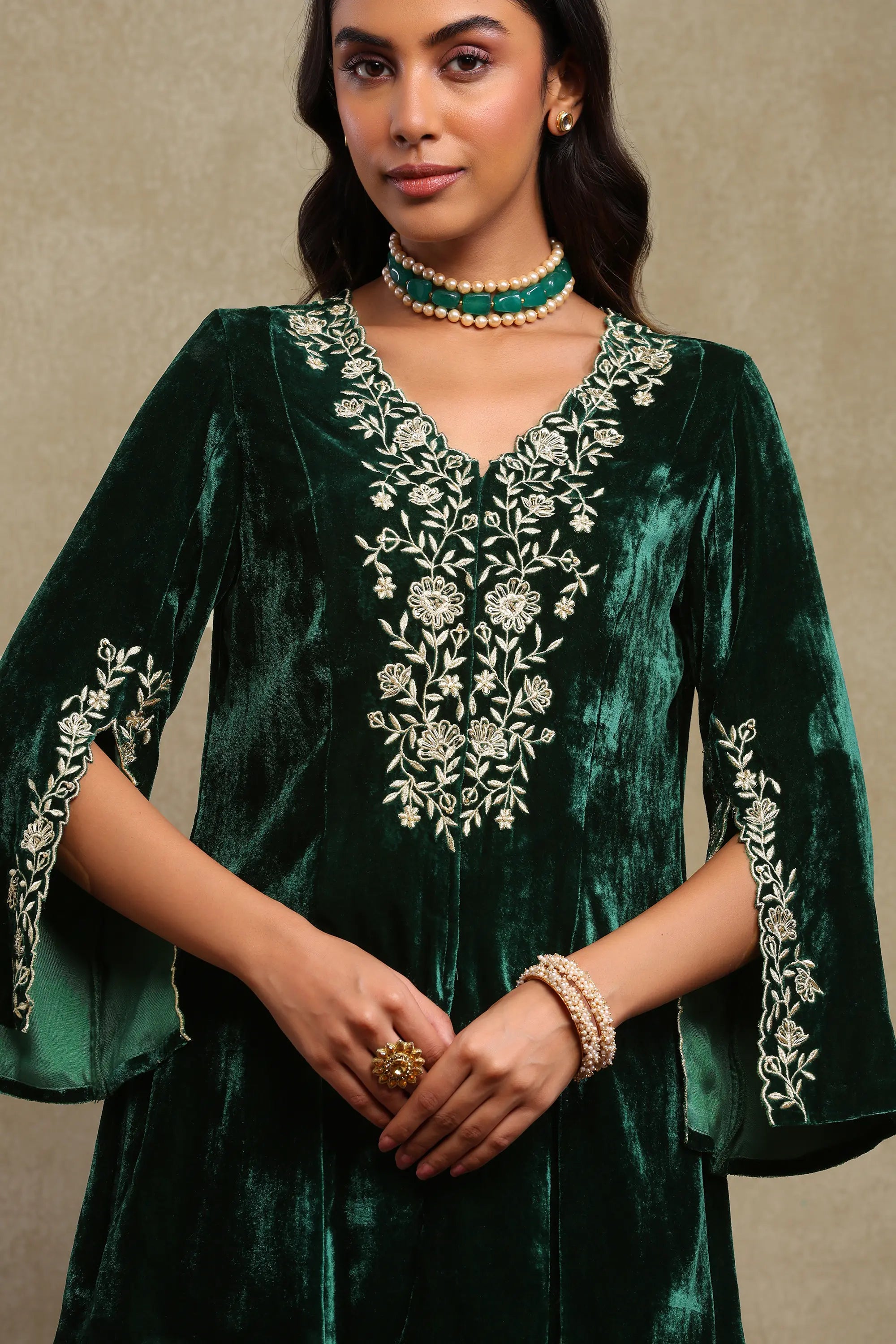 Maisha Forest Green Hand Embroidered Silk Velvet Co-Ord Set
