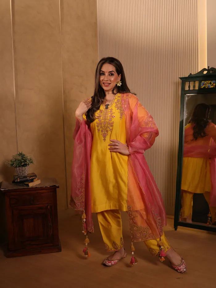 Megha Chopra in Zora Yellow Mirror Work Silk Chanderi Handcrafted A-Line Kurta Set