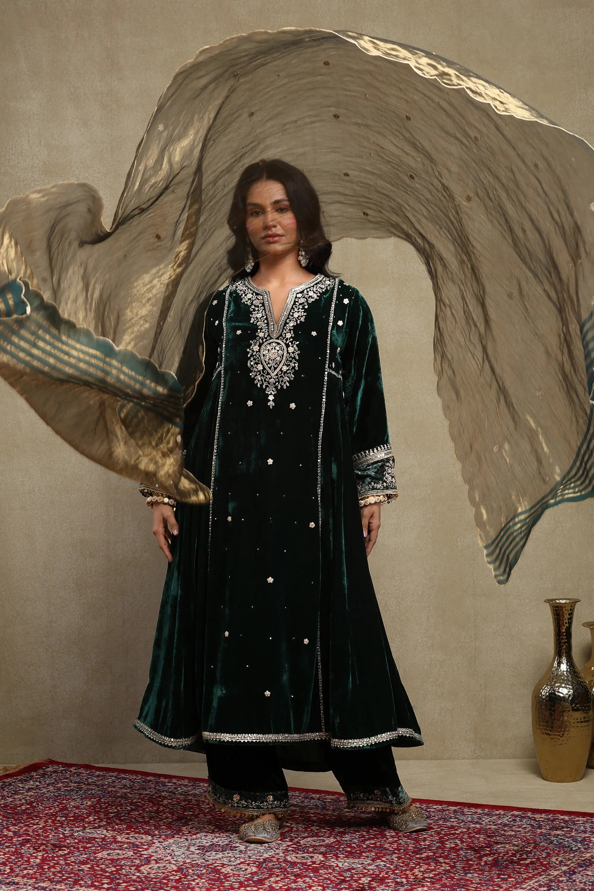 Sahira Forest Green Embroidered Silk Velvet A-Line Kurta Set