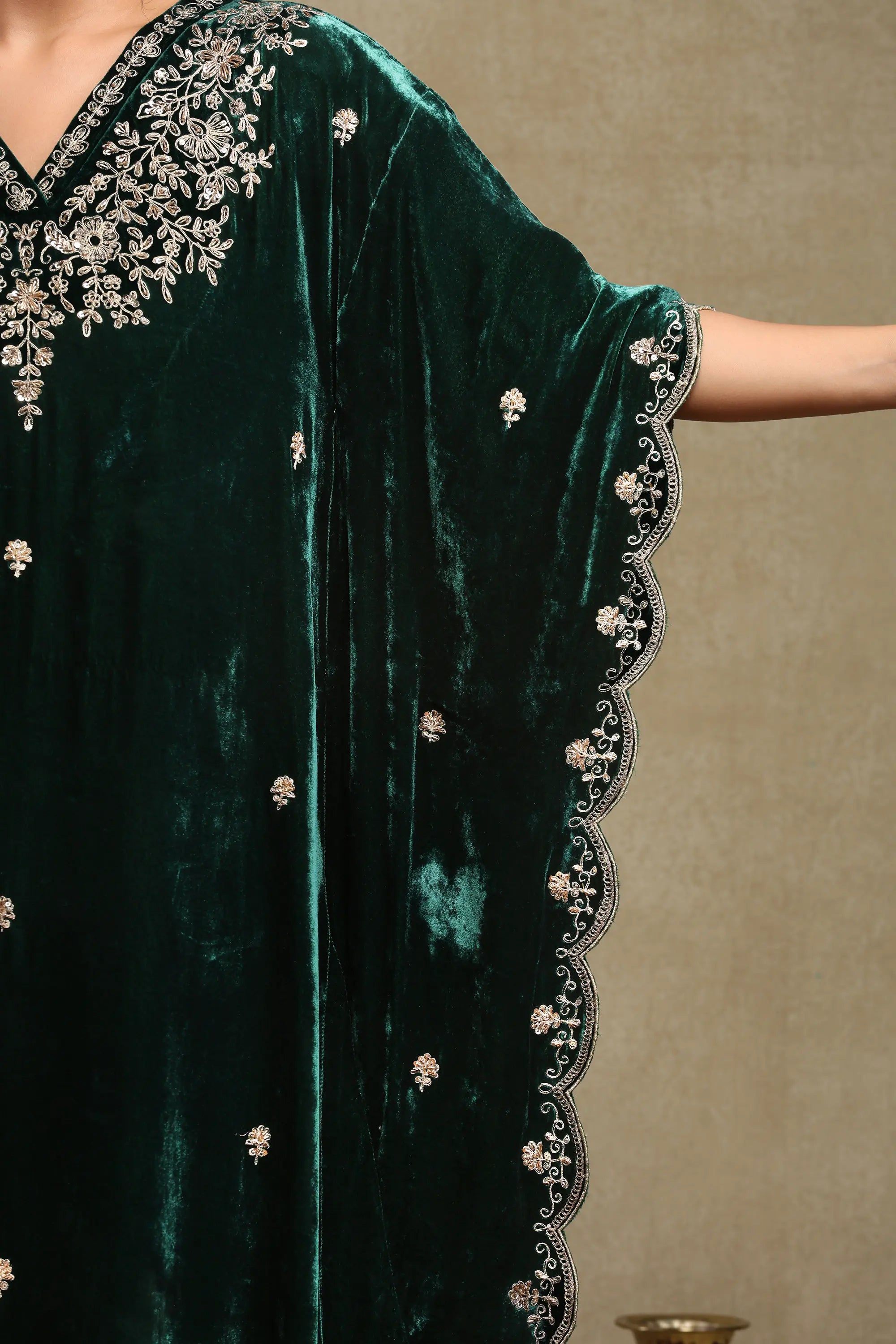 Zainab Forest Green Embroidered Silk Velvet Kaftan Set
