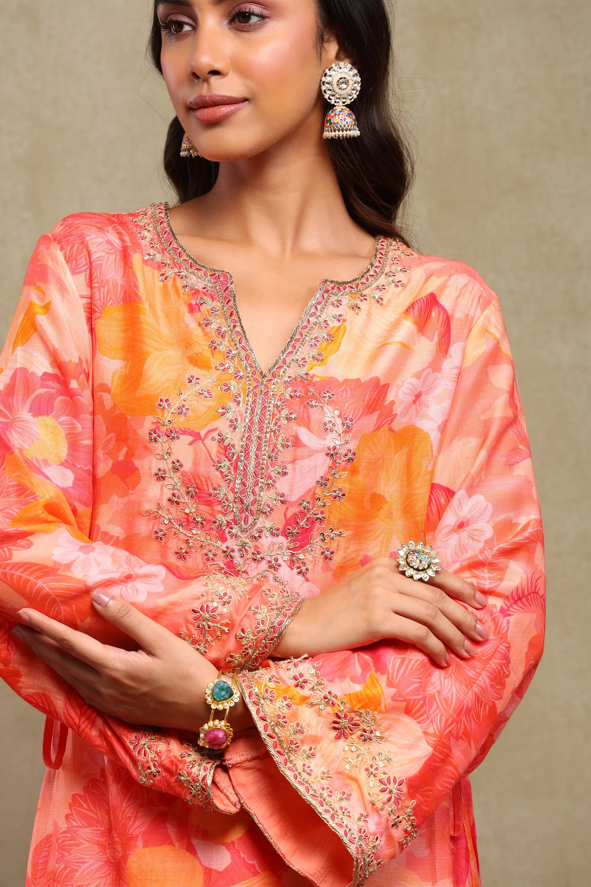 Lily Red & Orange Floral Printed Hand Embroidered Silky Modal Kaftan Set