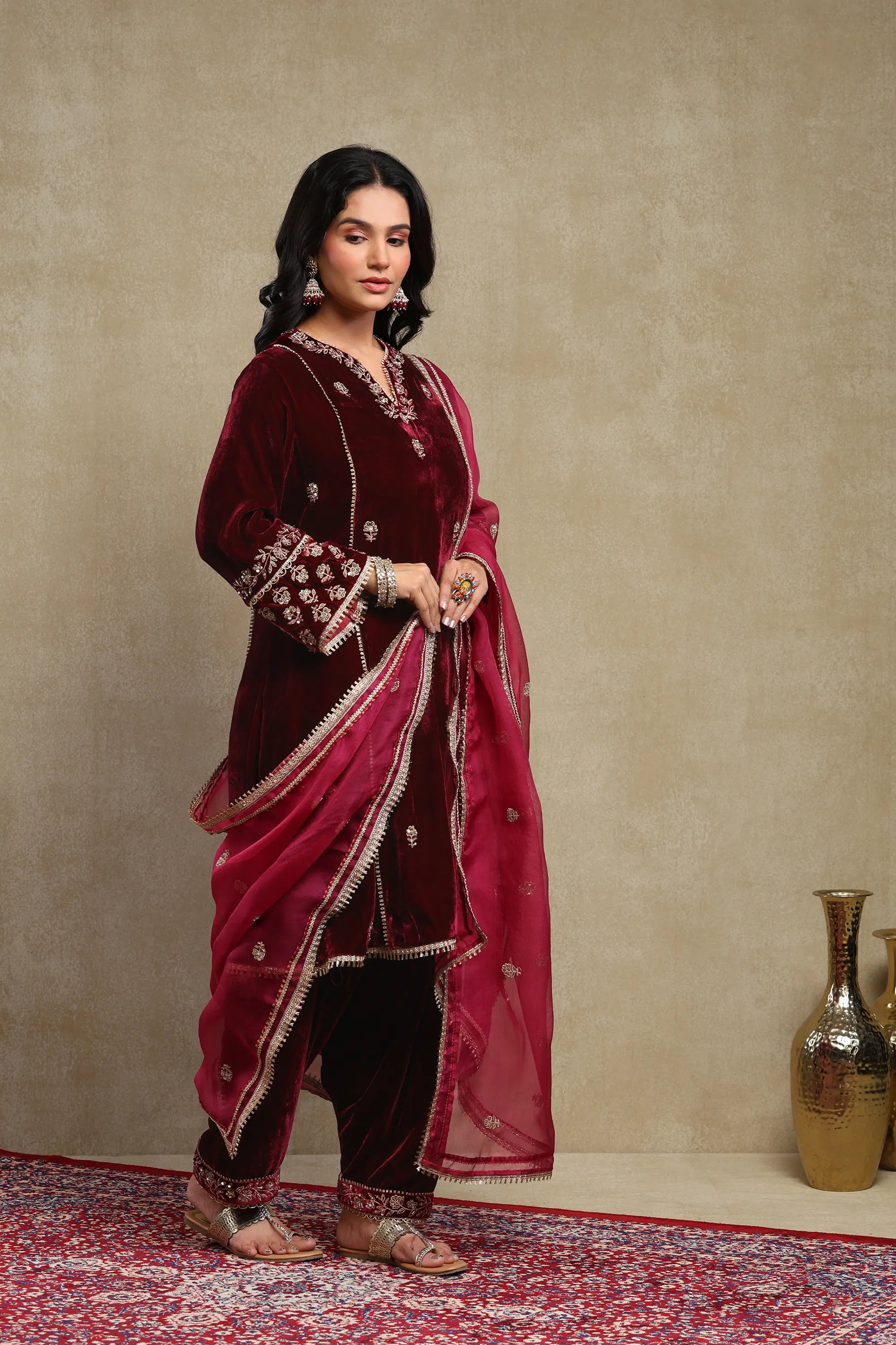 Raabta Plum Embroidered Silk Velvet Kurta Set
