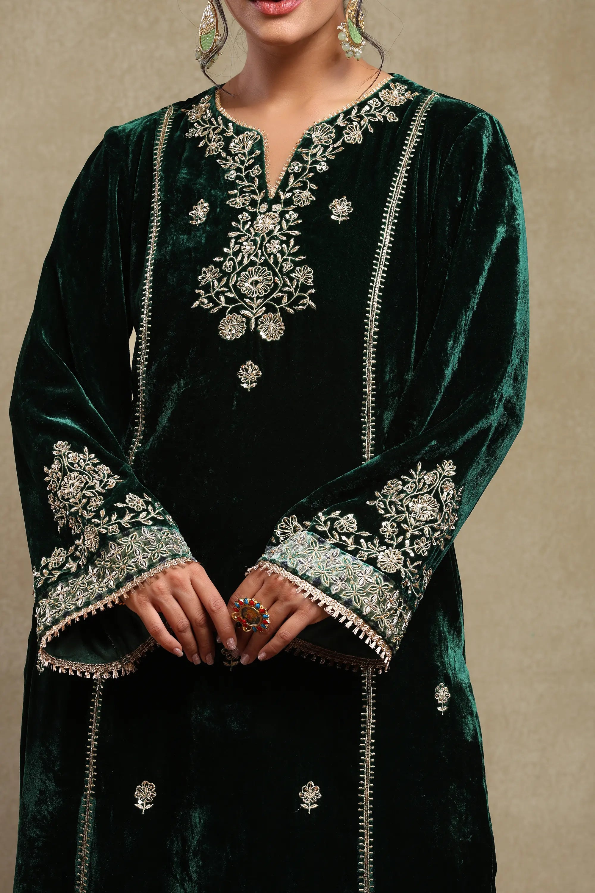 Leena Forest Green Embroidered Silk Velvet Handcrafted Kurta Set