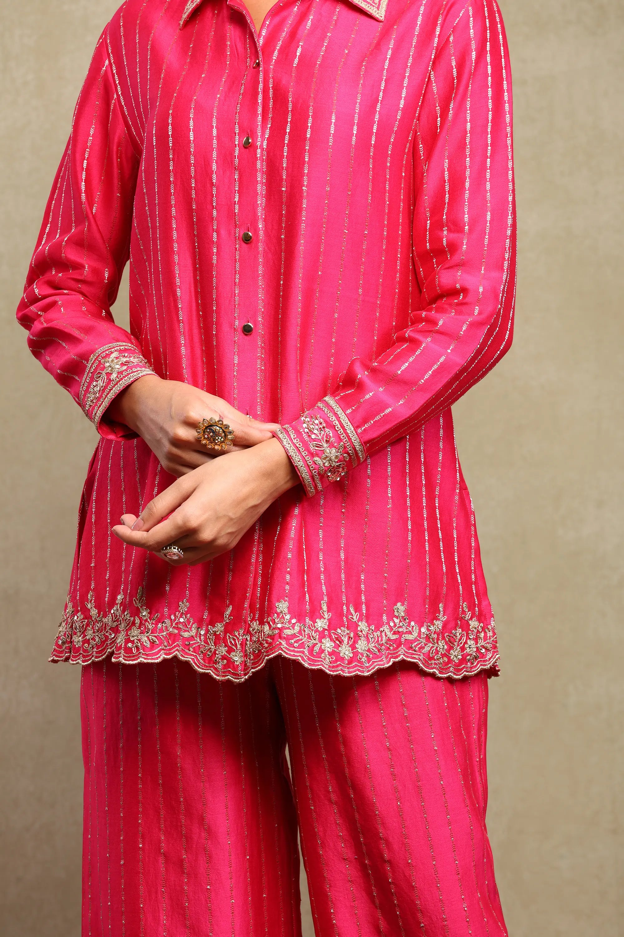 Aarvi Hot Pink Hand Embroidered Banarasi Zari Co-Ord Set