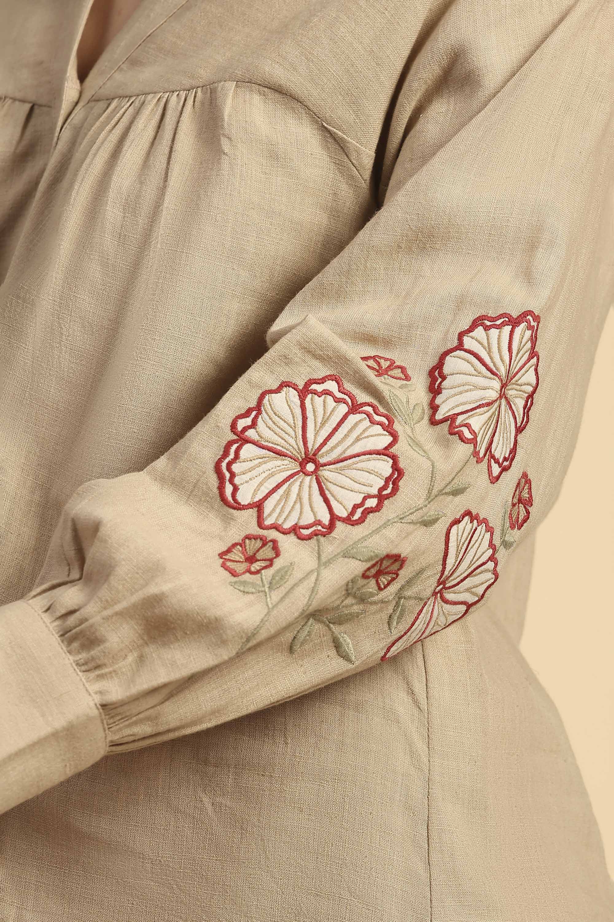 Raya Tan Embroidered Handcrafted Cotton Linen Co-ord Set